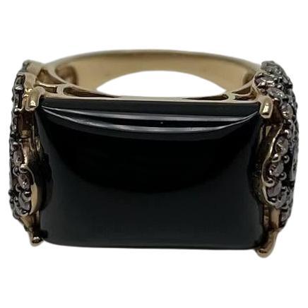 Rectangular Black Onyx Center White Diamonds 14K Gold Floral Cocktail Ring