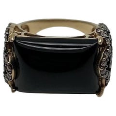 Rectangular Black Onyx Center White Diamonds 14K Gold Floral Cocktail Ring