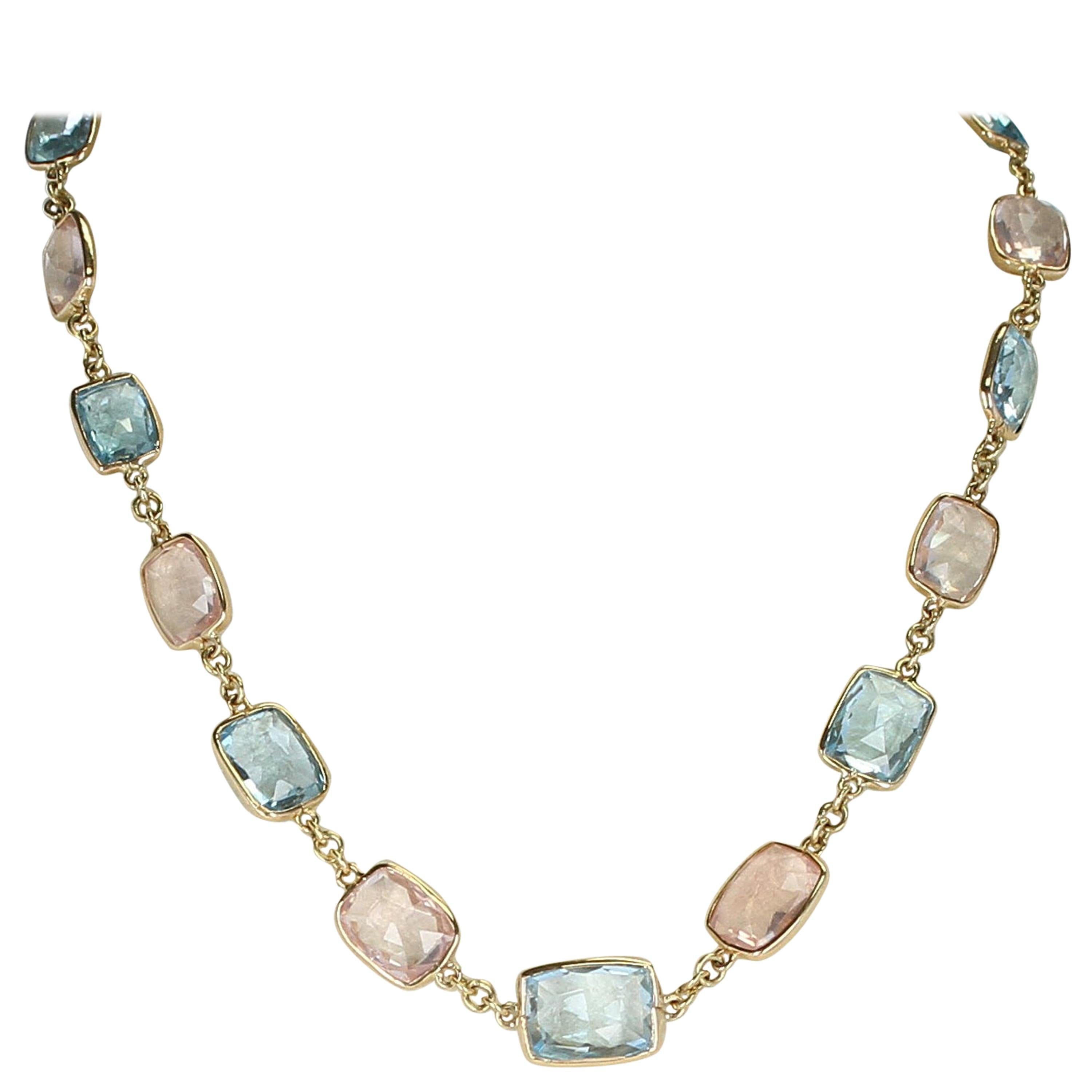 Collier rectangulaire à facettes en or 18 carats avec topaze bleue et quartz rose