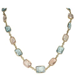 Rectangular Blue Topaz and Rose Quartz Faceted Necklace 18 Karat Fine Necklace