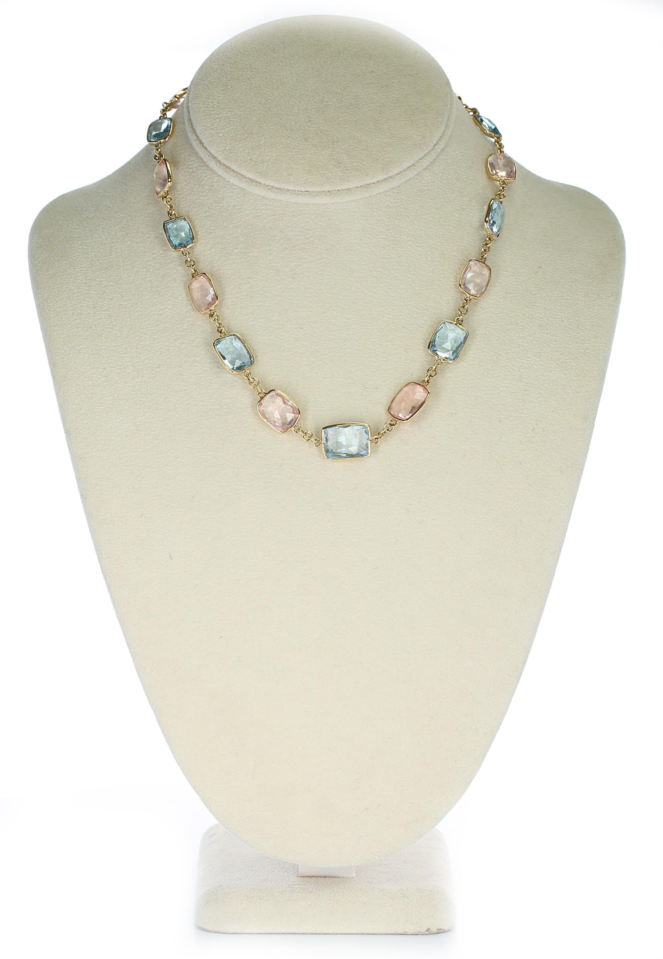 A fine 18K Yellow Gold Necklace with faceted Double Cabochon rectangular-shaped Blue Topaz and Rose Quartz. Length: 16 Inches, Weight: 139 carats, 750 Stamped. 