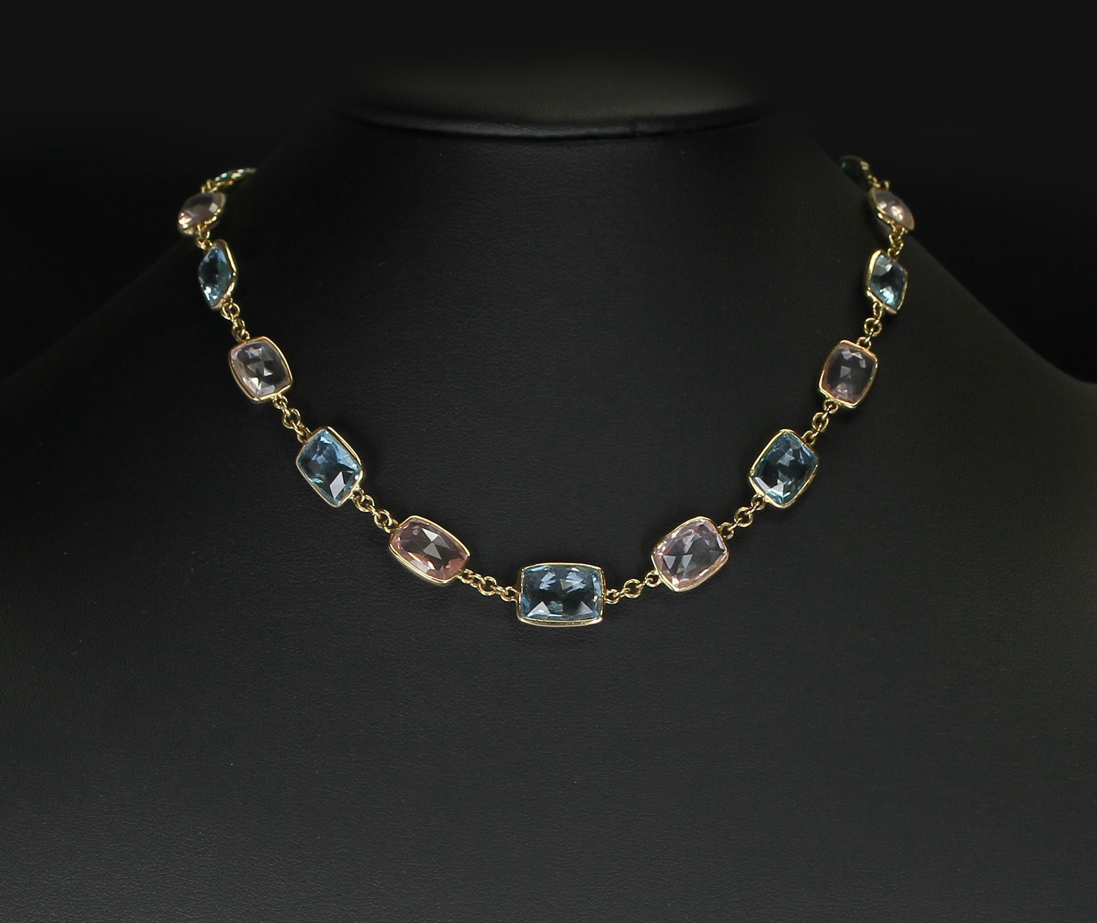 Rose Cut Rectangular Blue Topaz and Rose Quartz Faceted Necklace 18 Karat Fine Necklace For Sale