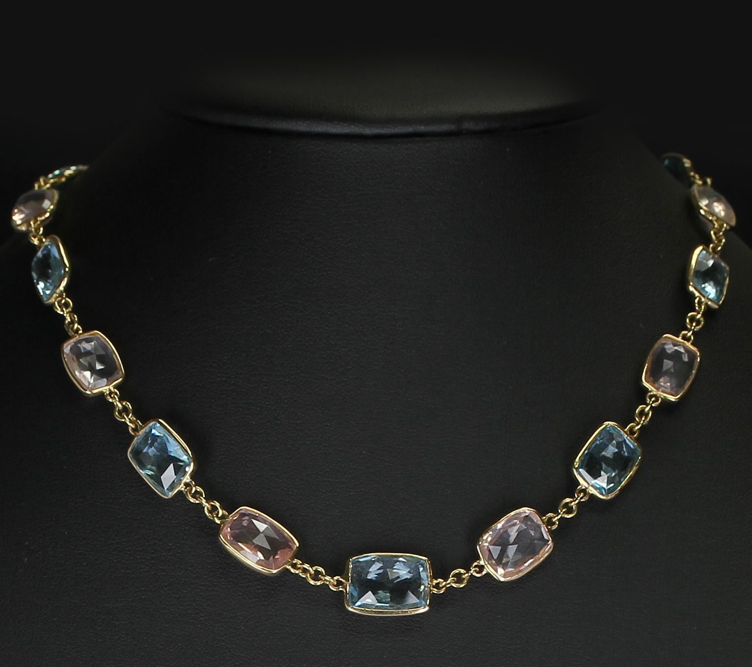 Rectangular Blue Topaz and Rose Quartz Faceted Necklace 18 Karat Fine Necklace In New Condition For Sale In New York, NY