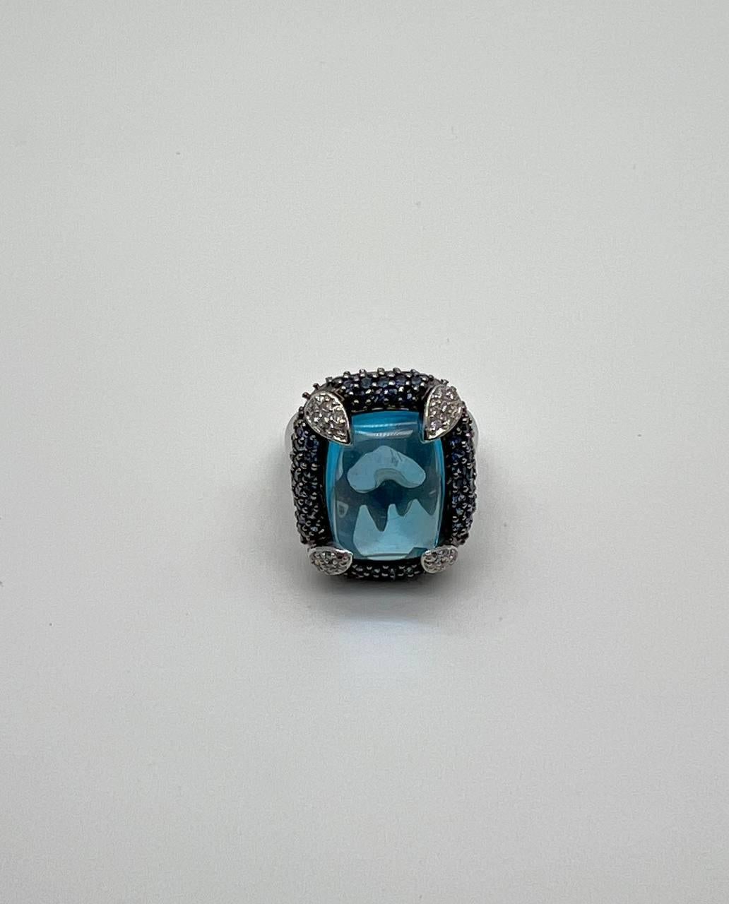 Rectangular Blue Topaz Sugarloaf Cabochon Diamond Blue Sapphire White Gold Ring For Sale 6