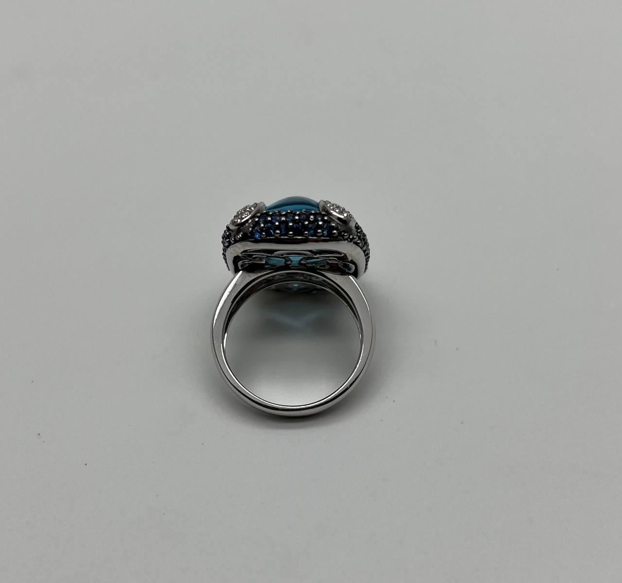 Rectangular Blue Topaz Sugarloaf Cabochon Diamond Blue Sapphire White Gold Ring For Sale 8