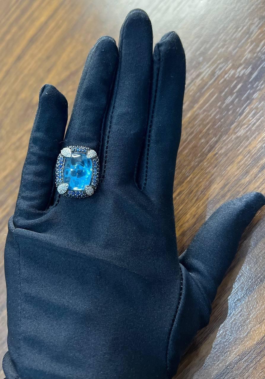 Rectangular Blue Topaz Sugarloaf Cabochon Diamond Blue Sapphire White Gold Ring For Sale 2
