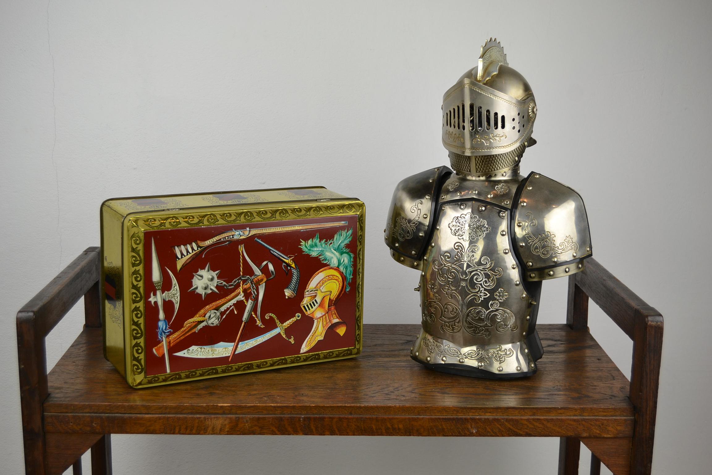 Bordeaux Storage Tin with Knight Helmet, Knightstick, Rifle, 1950s For Sale 11
