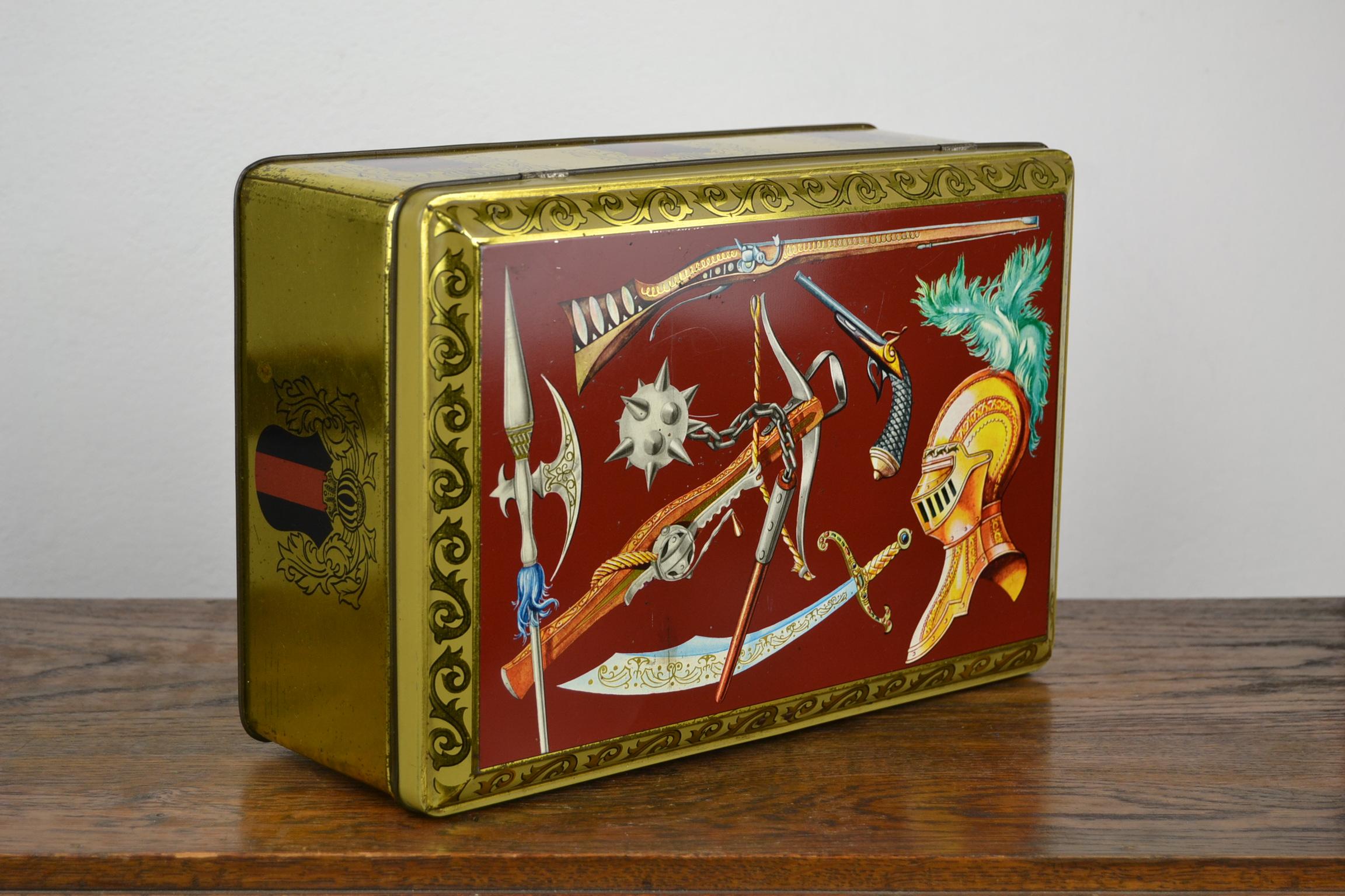 Medieval Bordeaux Storage Tin with Knight Helmet, Knightstick, Rifle, 1950s For Sale
