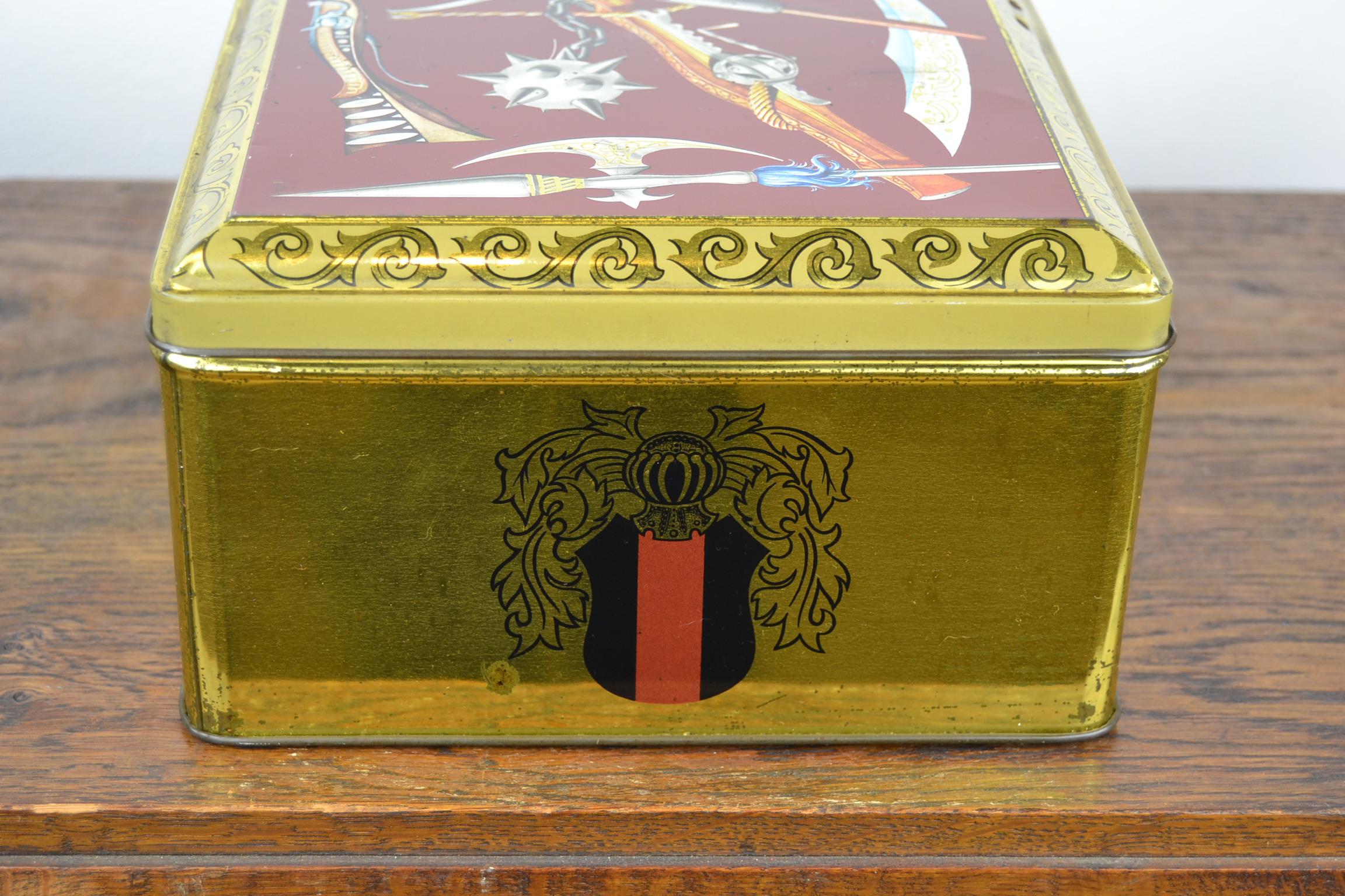 Bordeaux Storage Tin with Knight Helmet, Knightstick, Rifle, 1950s For Sale 2