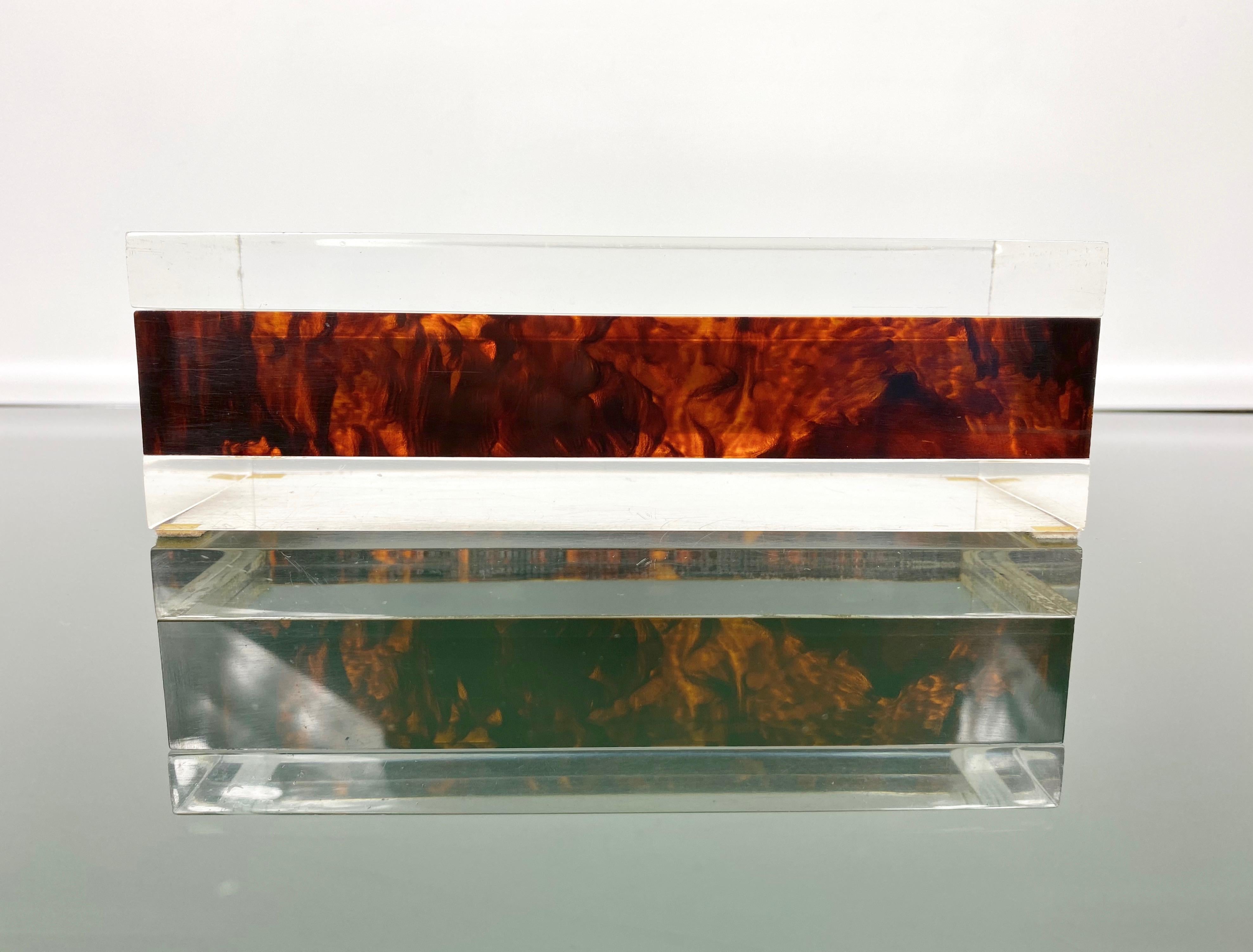 Lacquered Rectangular Box in Tortoiseshell Details and Lucite, Italy, 1970s 