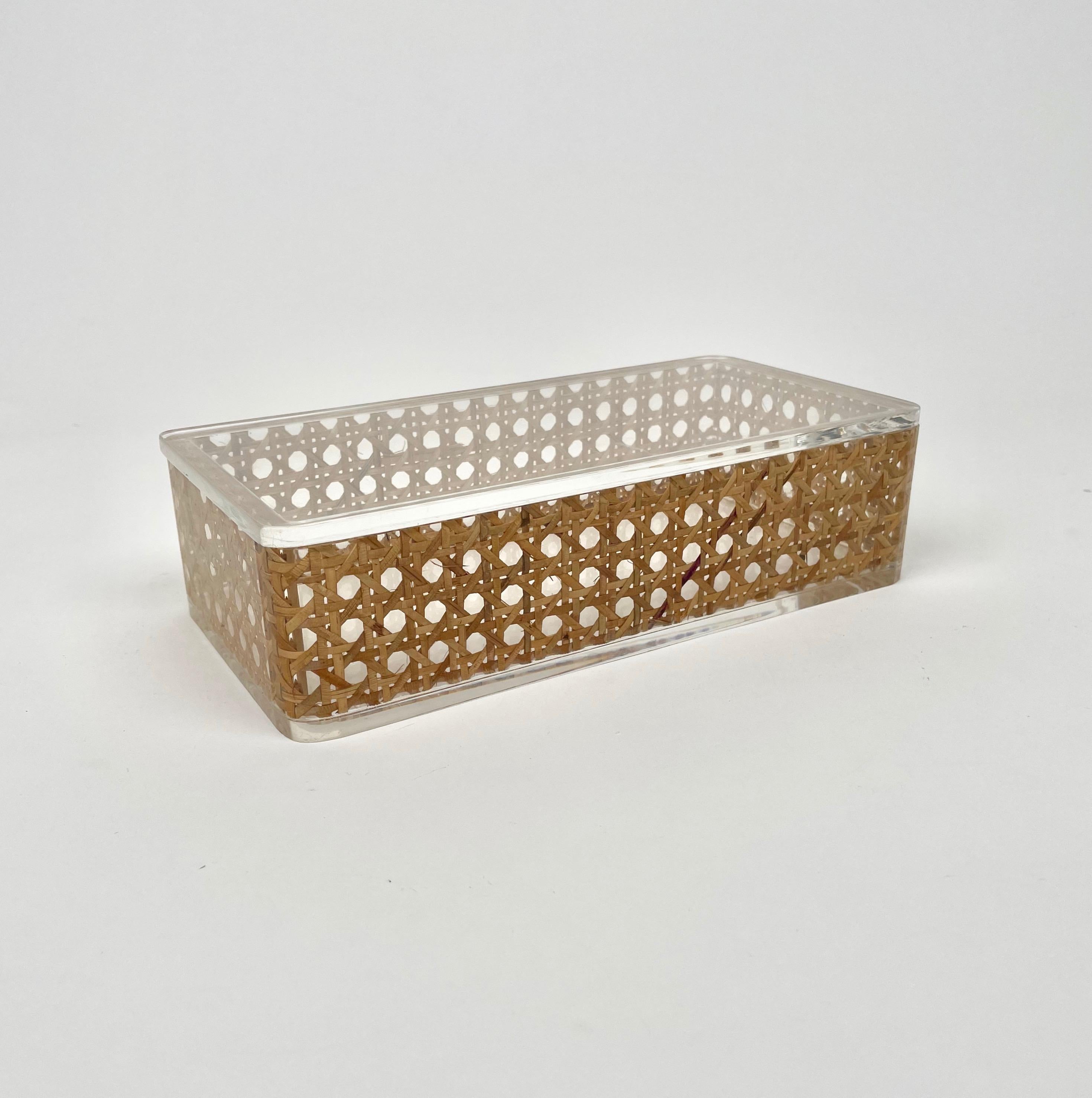 Rectangular Box Lucite and Rattan Christian Dior Home Style, Italy, 1970s 4