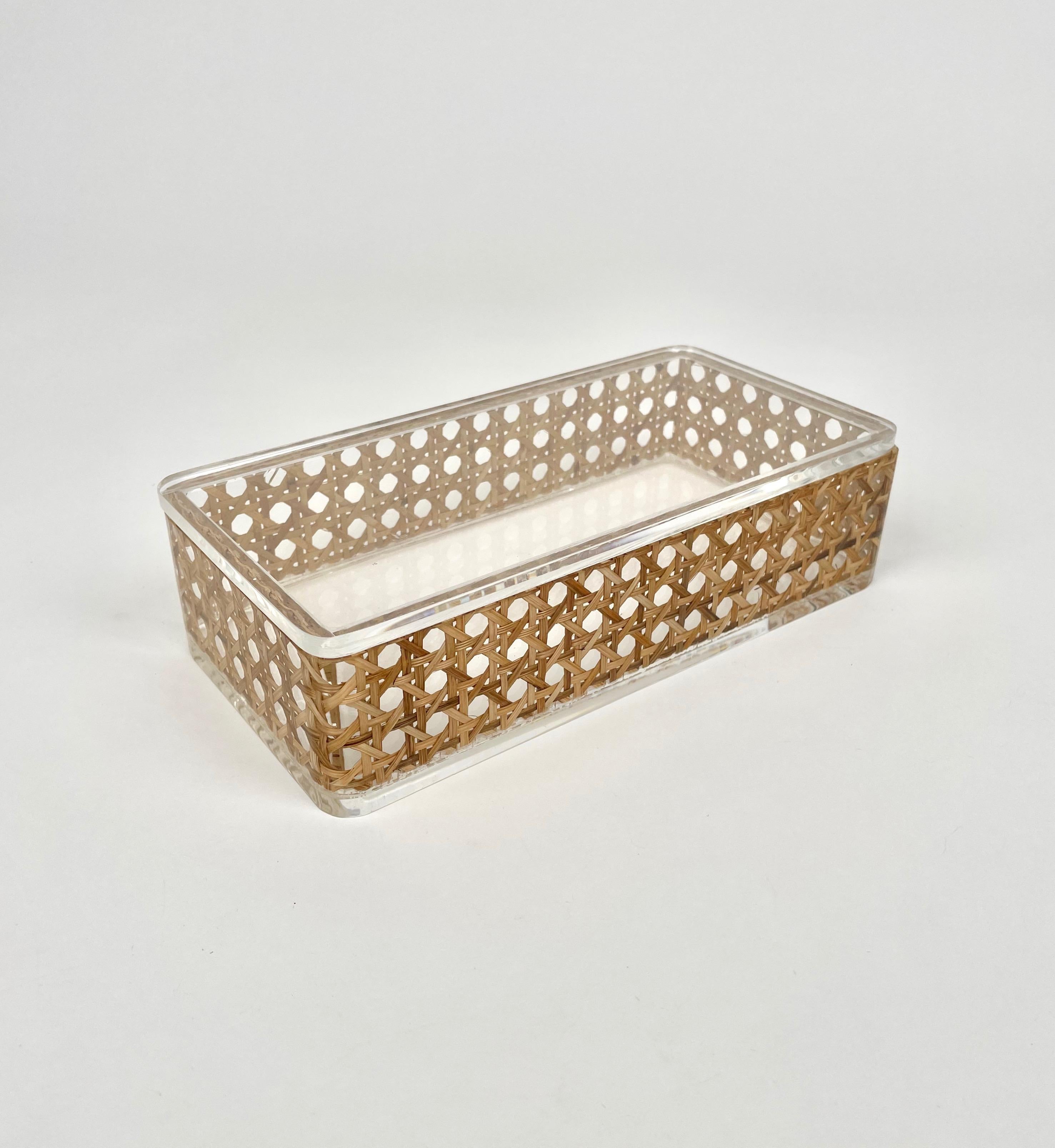 Mid-Century Modern Rectangular Box Lucite and Rattan Christian Dior Home Style, Italy, 1970s