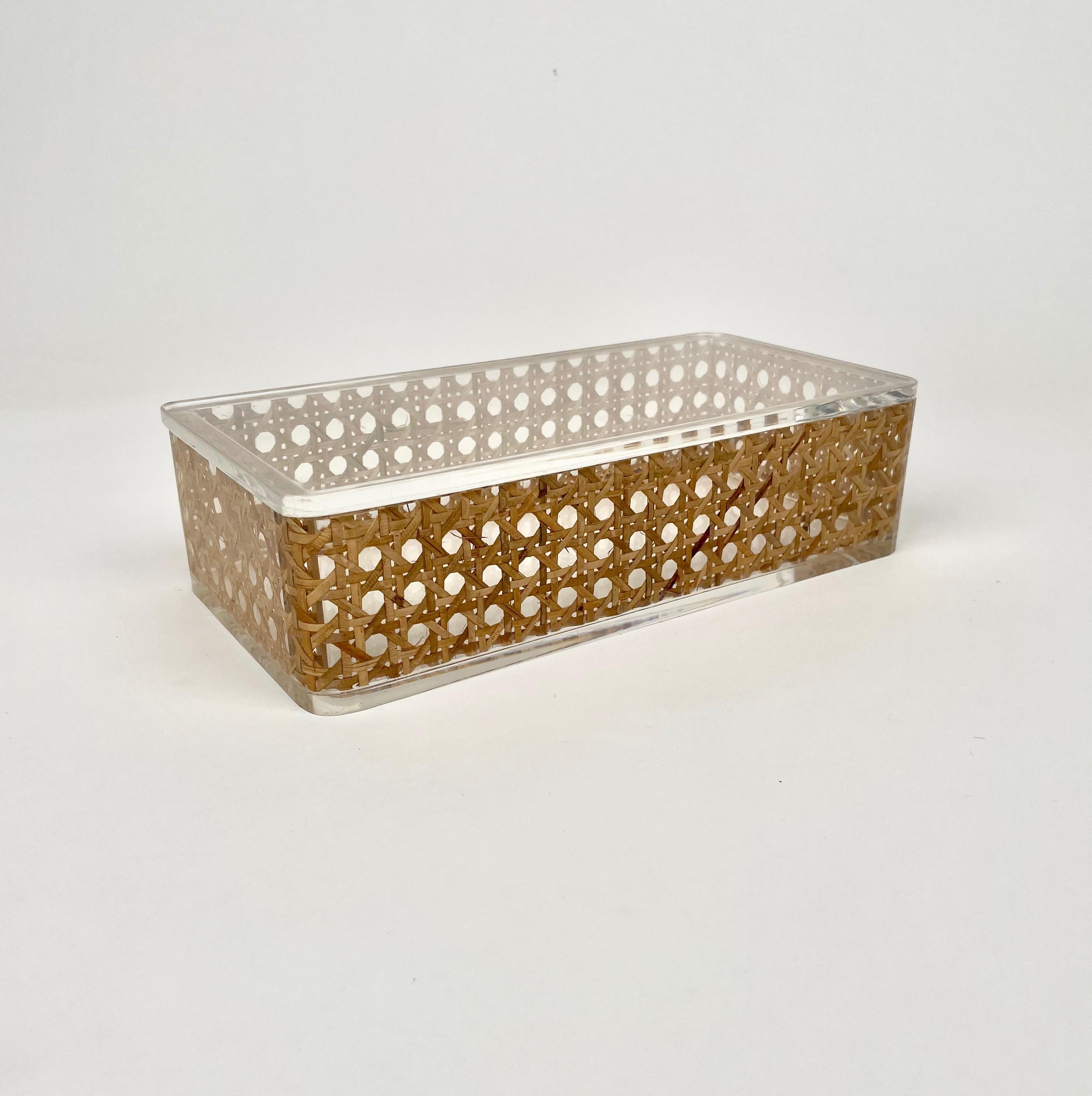 Mid-Century Modern Rectangular Box Lucite and Rattan Christian Dior Home Style, Italy, 1970s