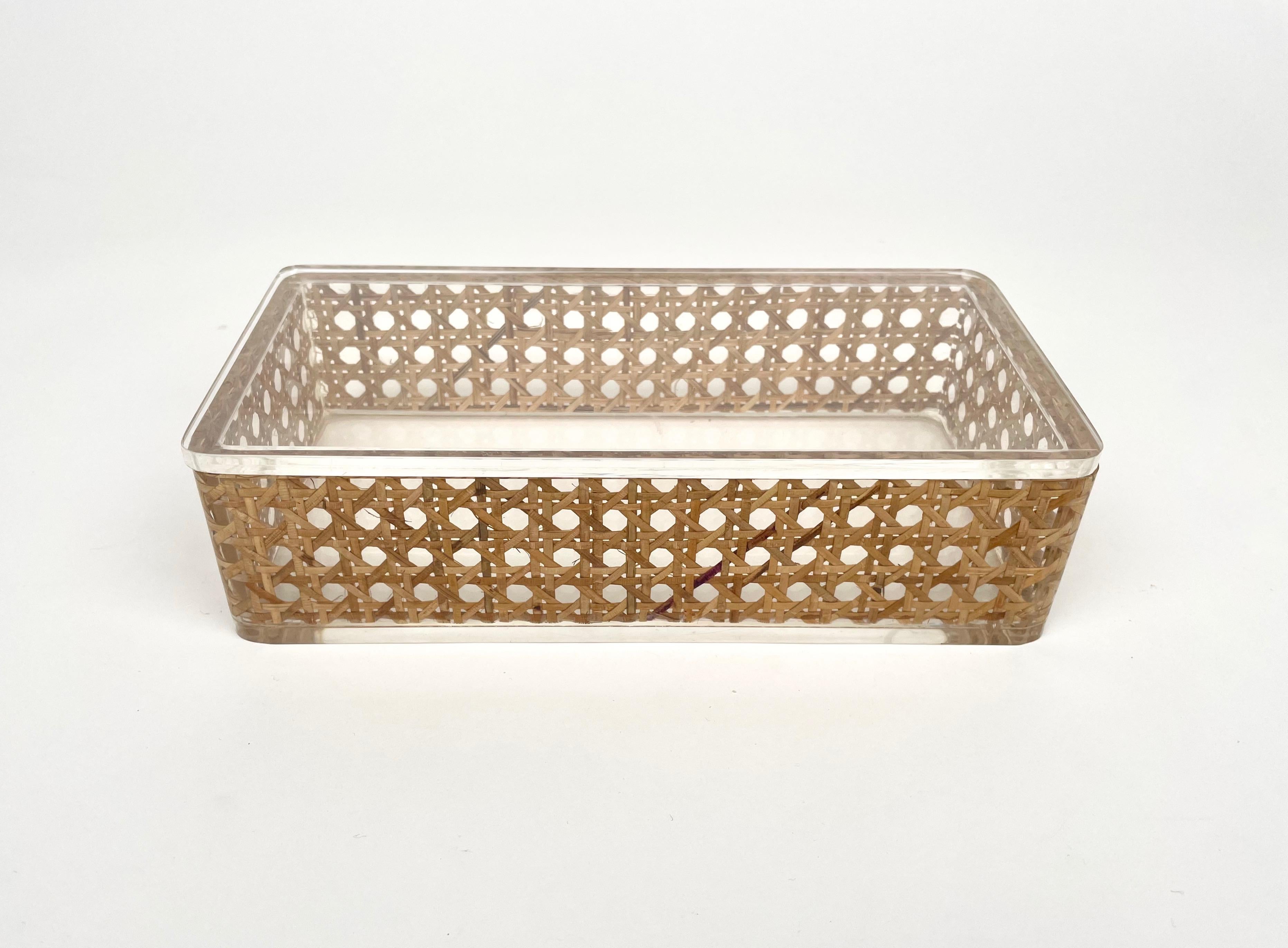 Italian Rectangular Box Lucite and Rattan Christian Dior Home Style, Italy, 1970s