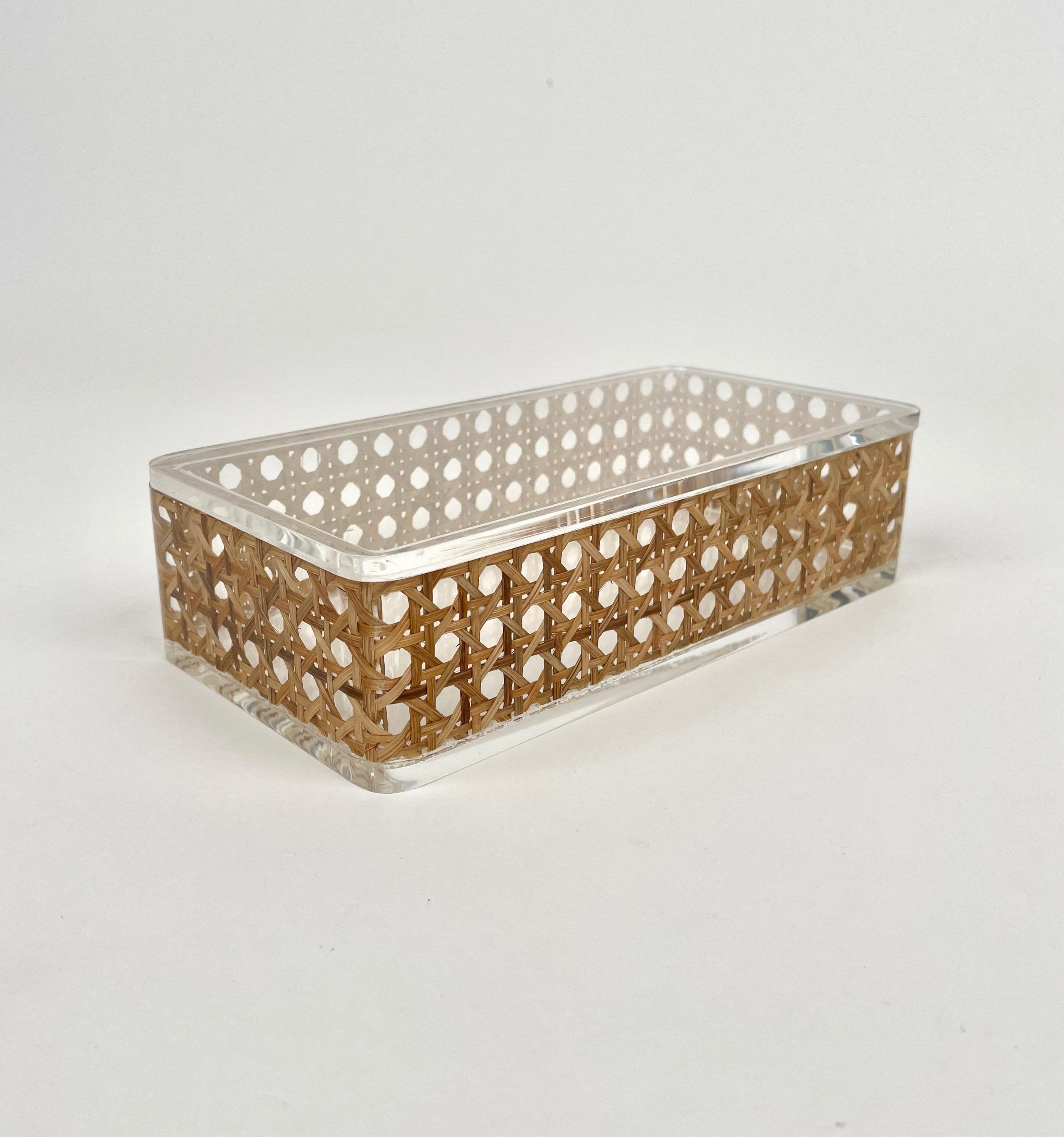 Wicker Rectangular Box Lucite and Rattan Christian Dior Home Style, Italy, 1970s