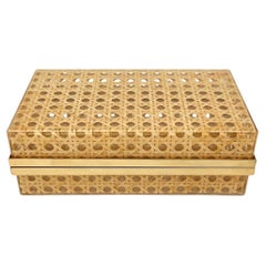 Rectangular Box Lucite, Rattan and Brass Christian Dior Home Style, Italy, 1970s
