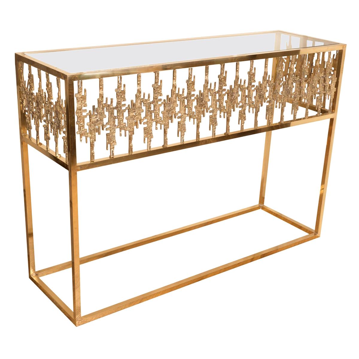 Rectangular Brass and Glass Console For Sale