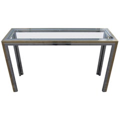 Rectangular Brass and Steel Console Italian Design Romeo Rega Minimal Glass Top