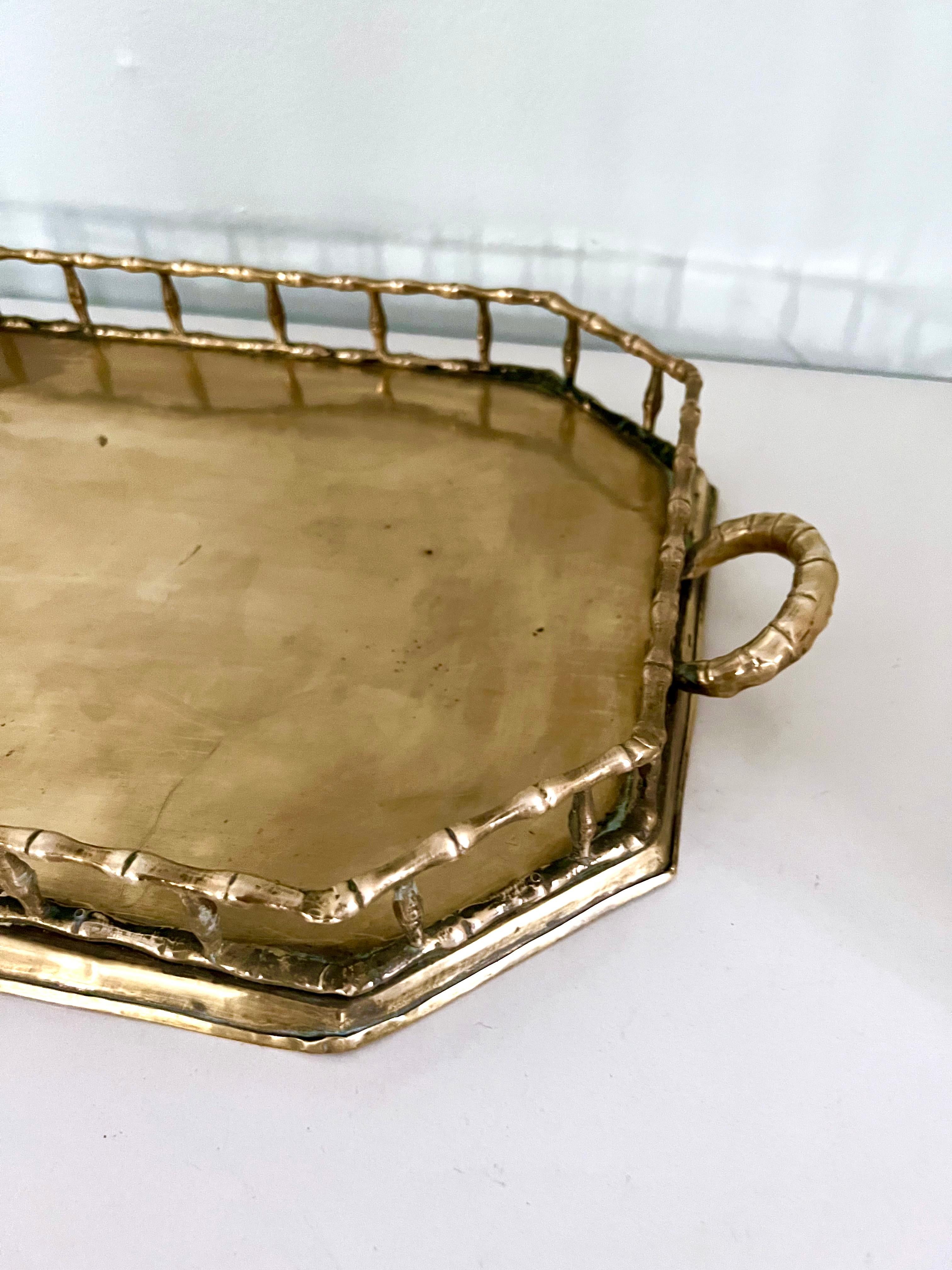 Patinated Rectangular Brass Bamboo Tray in the Style of Ralph Lauren