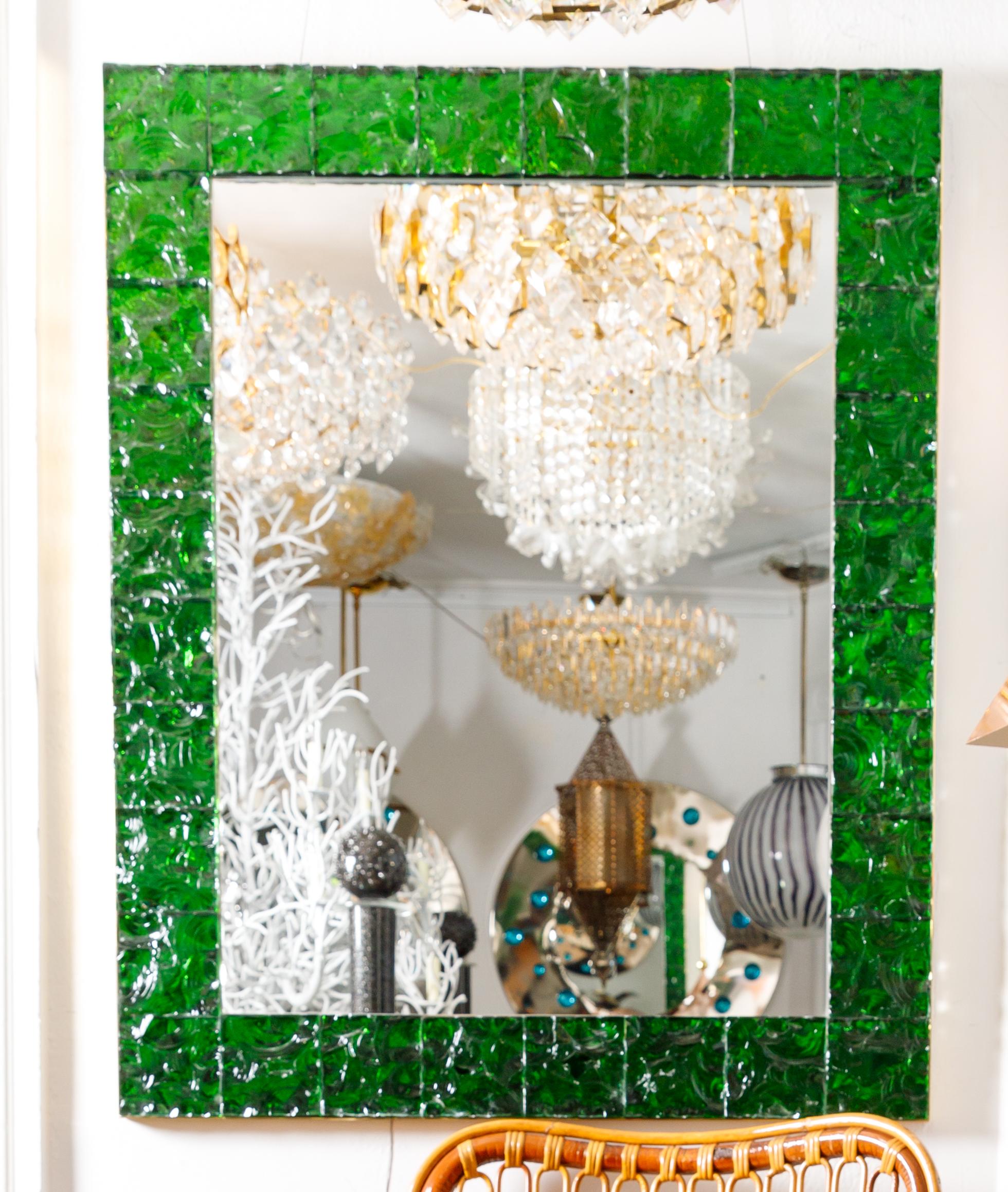 Modern Rectangular Brass Mirror Featuring a Surround of Green 