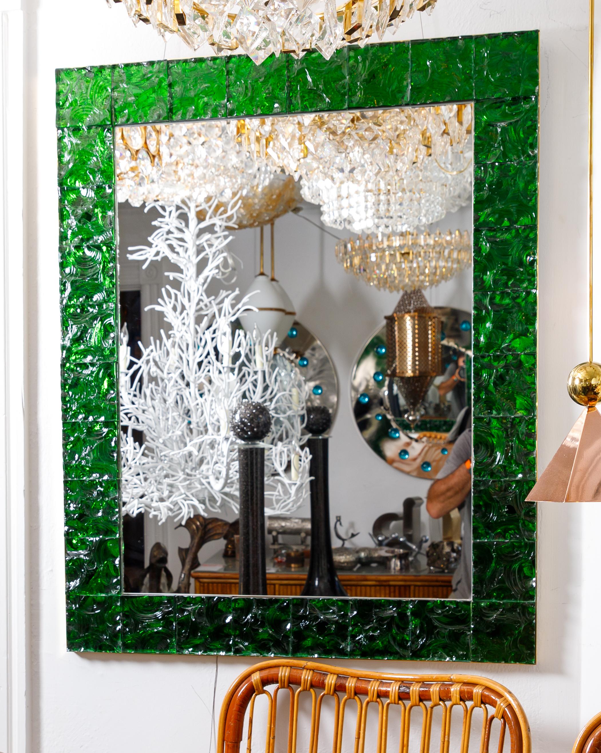 Rectangular Brass Mirror Featuring a Surround of Green 
