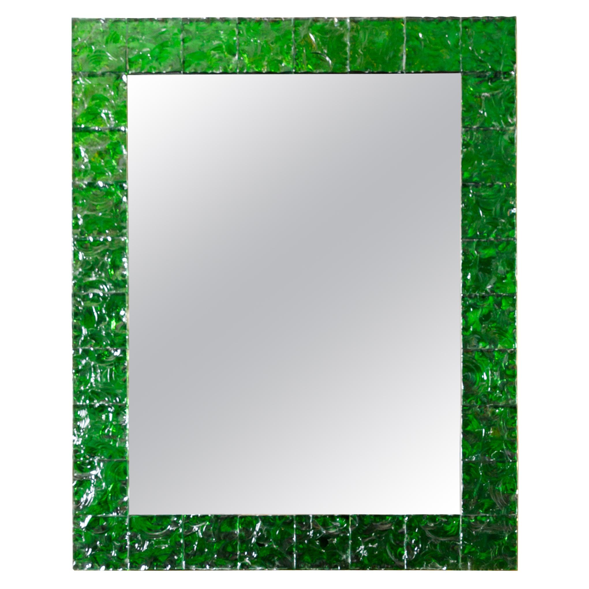 Rectangular Brass Mirror Featuring a Surround of Green "Ice" Glass Squares For Sale