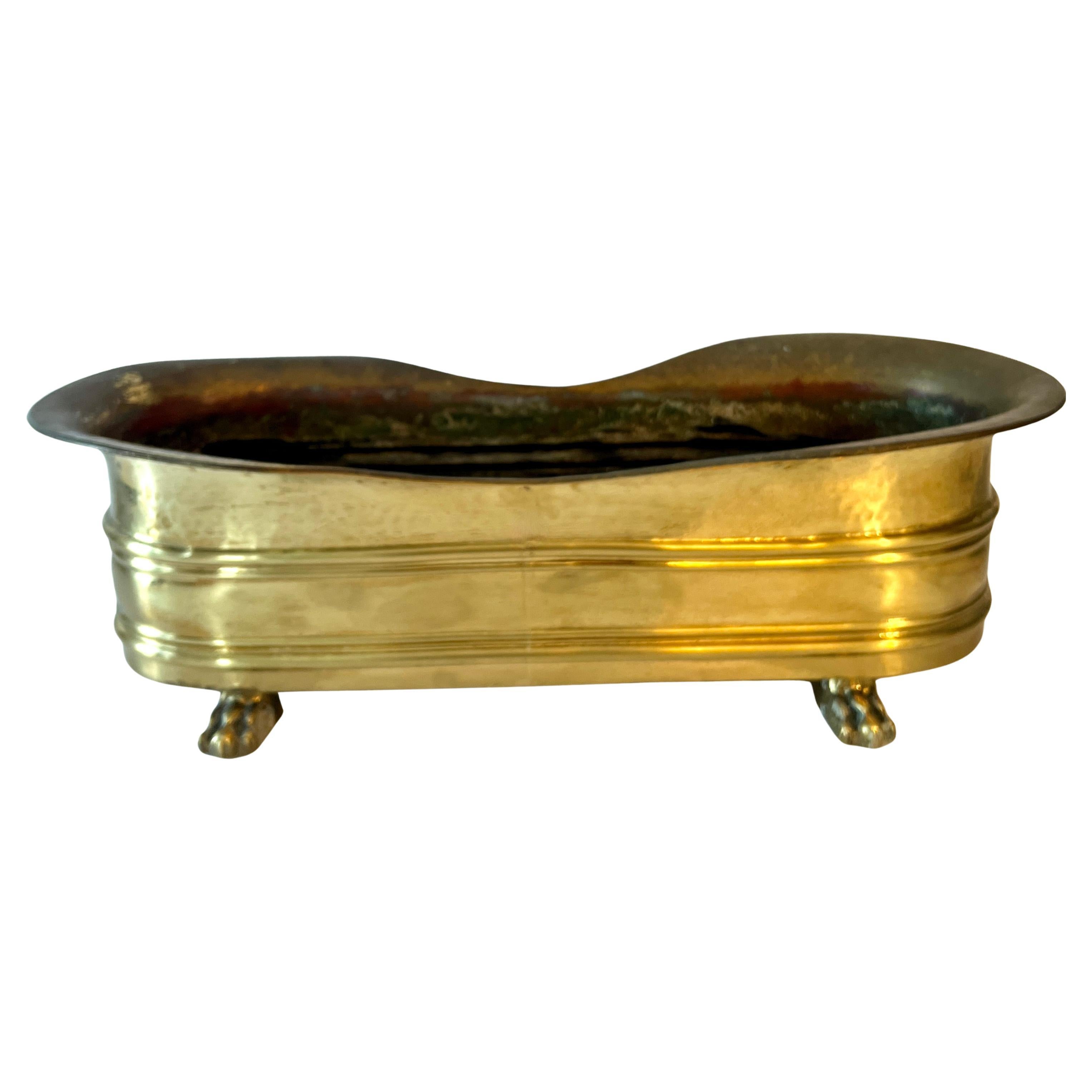 Rectangular Brass Planter or Jardiniere with Curved Edging and Lion Paw Feet