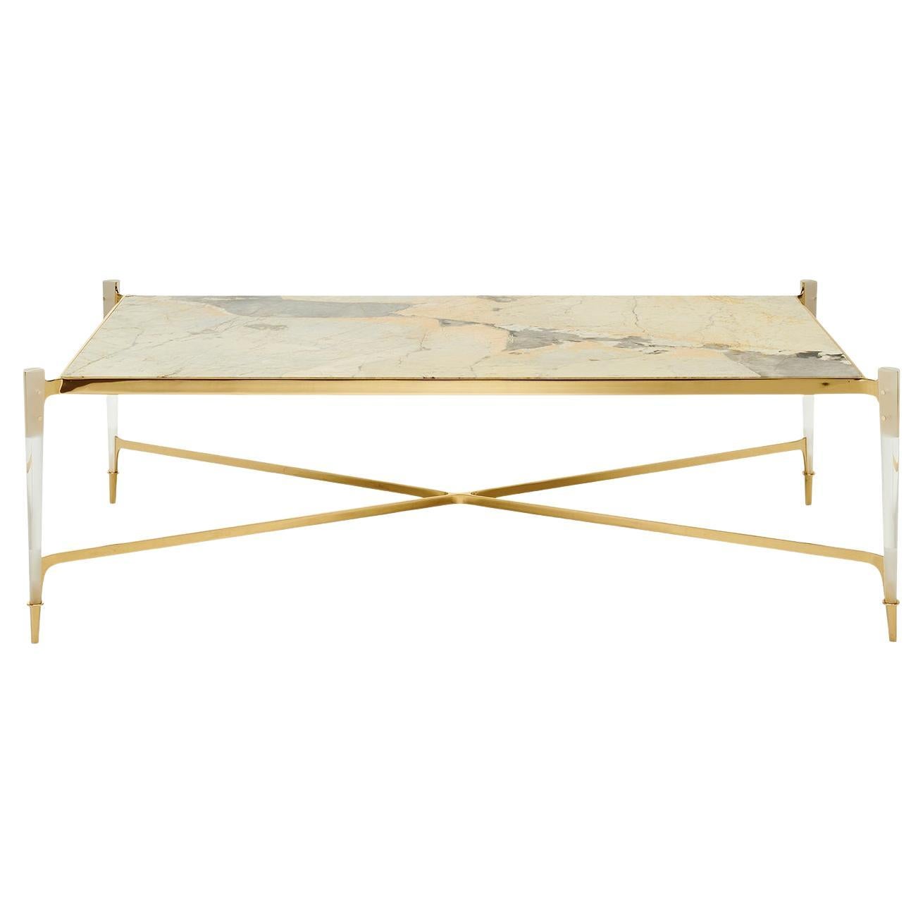 Rectangular Brass structure With Patagonia Marble top Coffee Table For Sale