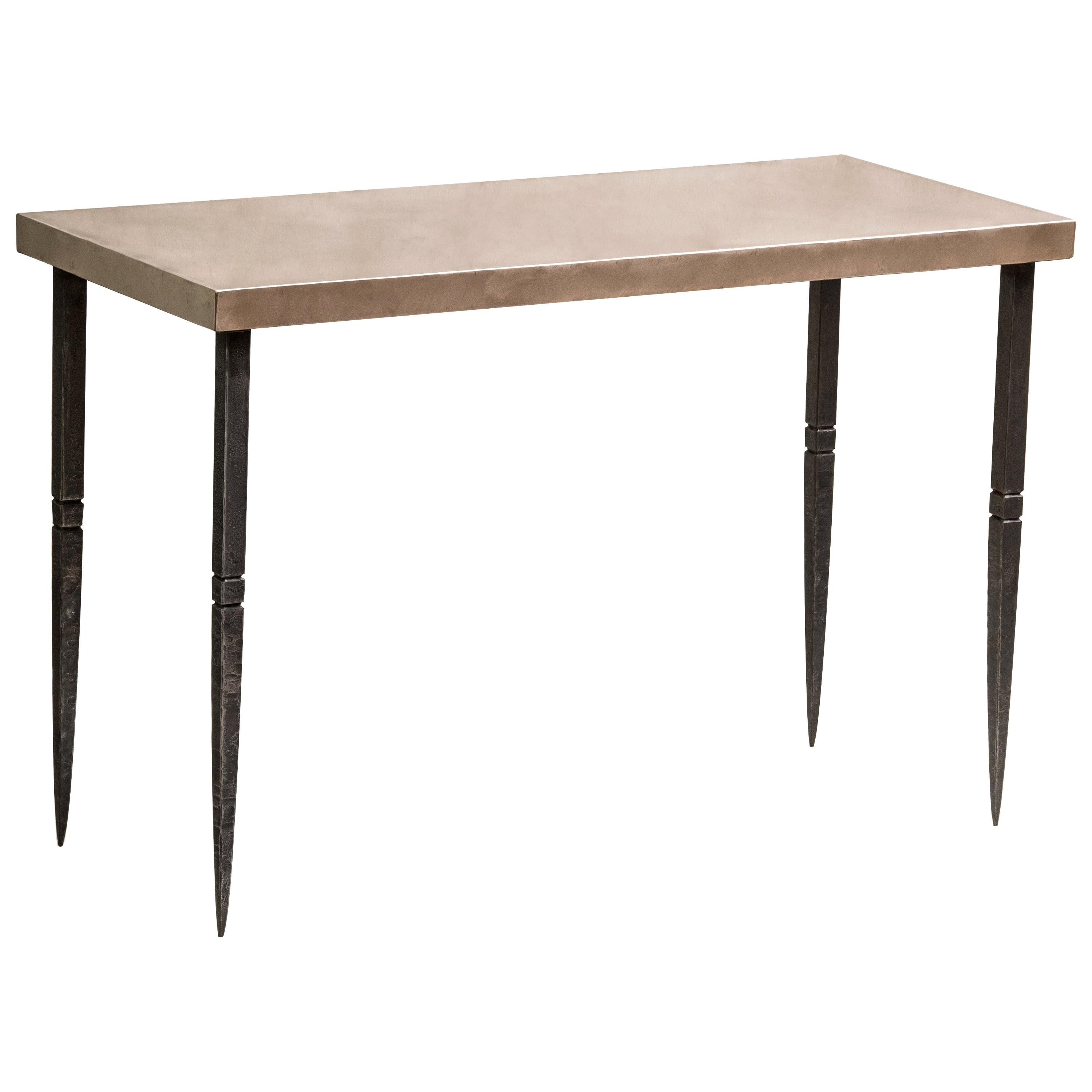 Rectangular Bronze Wall Console with Tapered and Chiseled Steel Legs For Sale