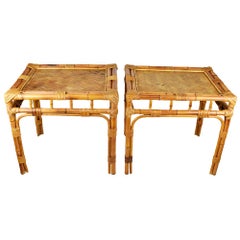 Vintage Rectangular Brown Bamboo Rattan Wrapped Side Tables after Franco Albini, a Pair