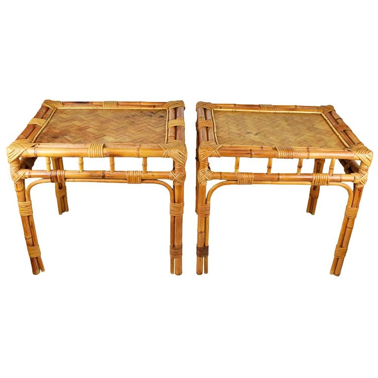 Antique Two-Tier Cane and Scorched Bamboo Tiger Wood Side Table with  Storage Top For Sale at 1stDibs