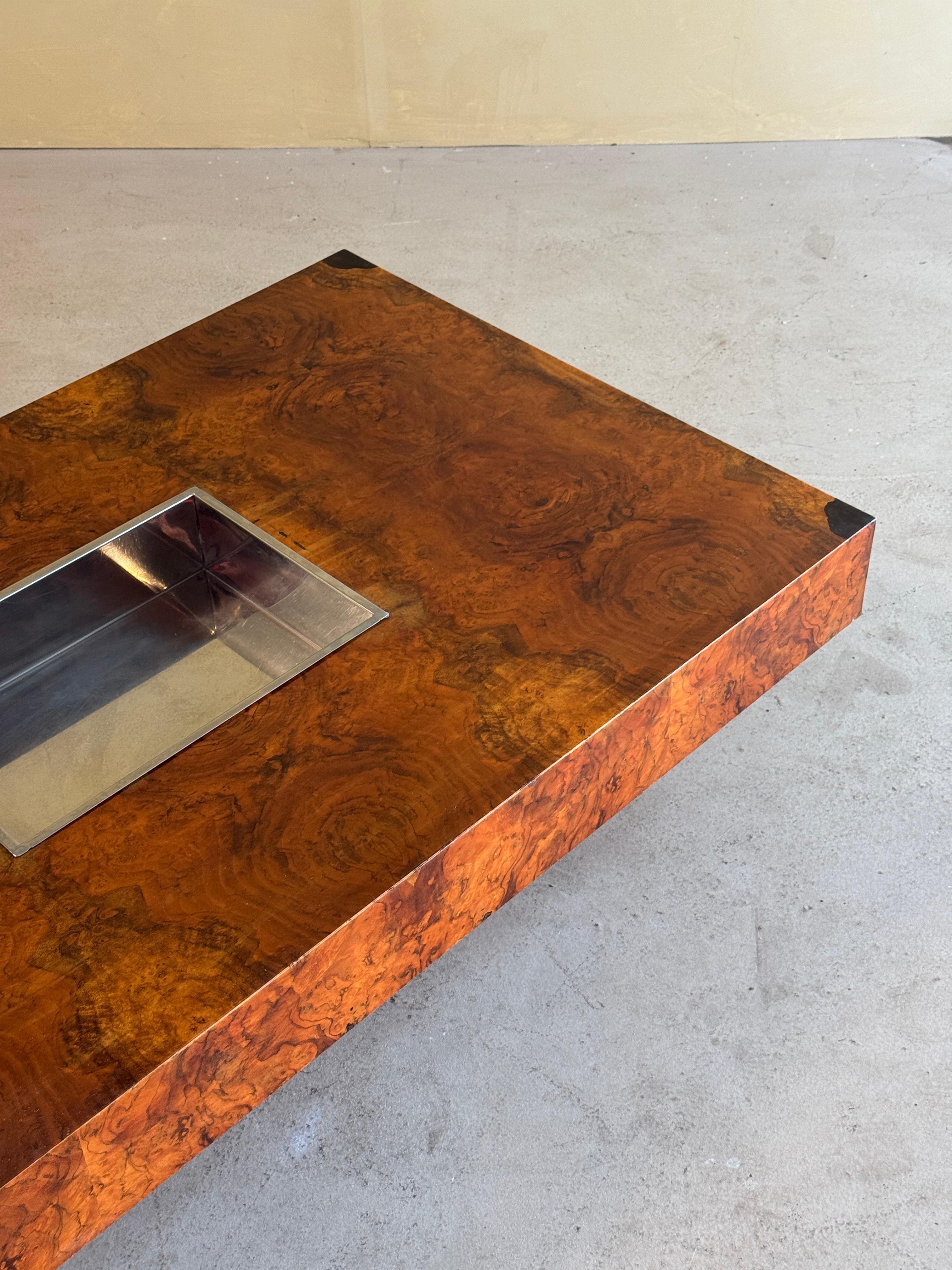 Chrome Rectangular Burlwood Coffeetable For Sale