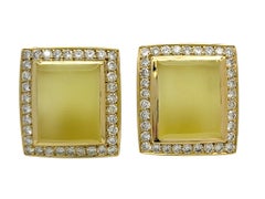 Rectangular Cabochon Cut Lemon Citrine and Diamond Halo Earrings 18K Yellow Gold