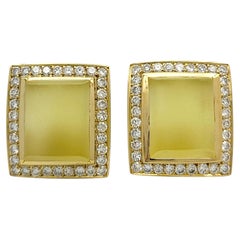 Rectangular Cabochon Cut Lemon Citrine and Diamond Halo Earrings 18K Yellow Gold