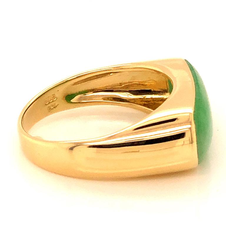 Women's or Men's Rectangular Cabochon Green Jade Ring in 14k Yellow Gold