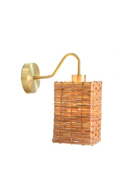 Rectangular Cane Rattan & Brass Wall Sconce