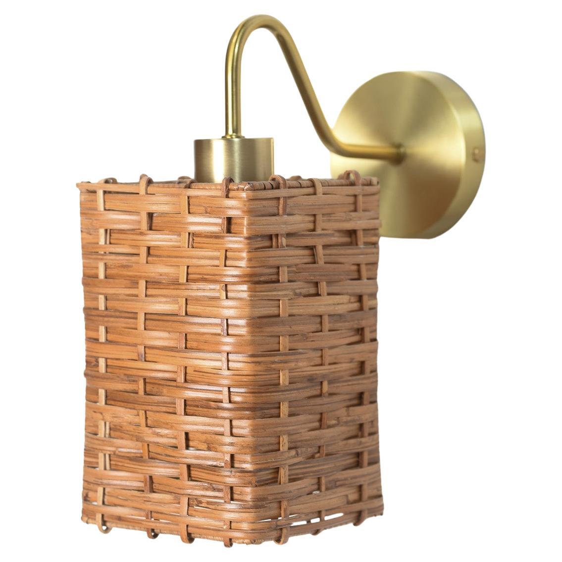 Rectangular Cane Rattan & Brass Wall Sconce