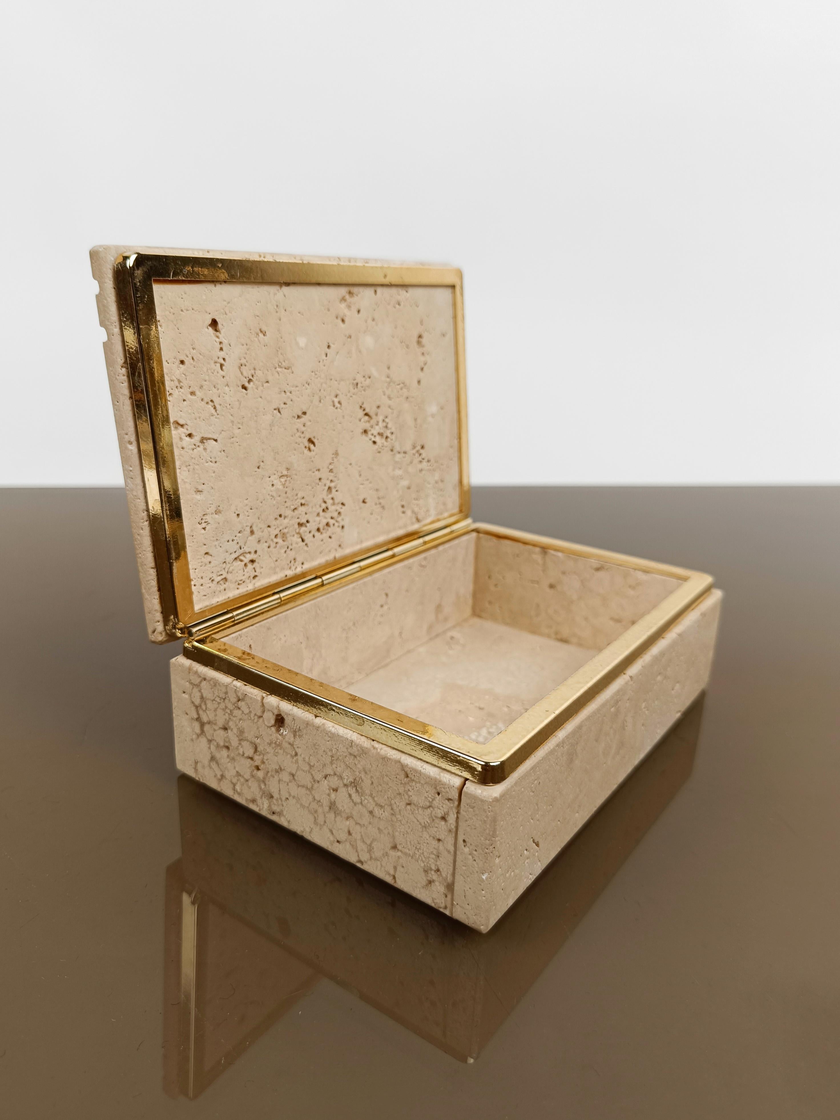 Metal Rectangular Carved Travertine Box in the style of Fratelli Mannelli Italy 1970s  For Sale
