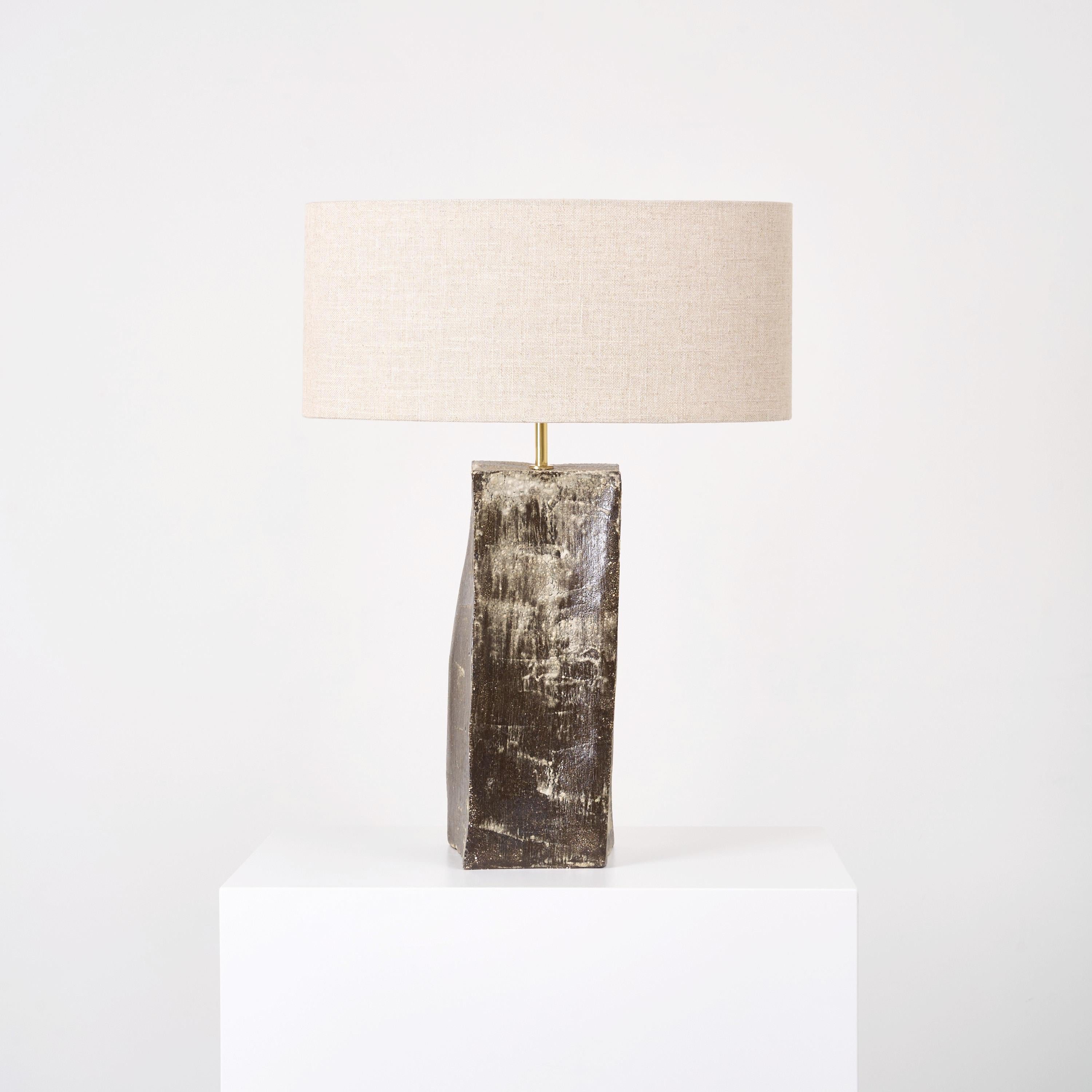 Rectangular Ceramic Light 
Designed by Project 213A in 2023

Artisanal ceramic light with a rectangular base, made in Project 213A's own ceramic workshop. It has a brass stem and a oval shaped lampshade made from 90%wool, 10% worst nylon.
Each piece