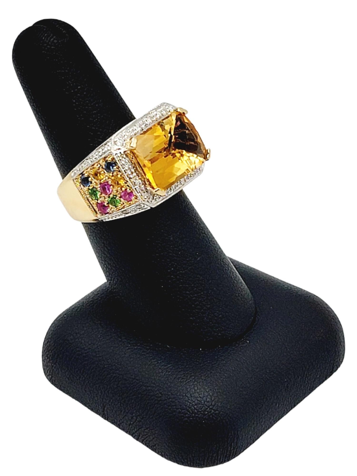 Rectangular Checkerboard Citrine and Multi Gemstone 14 Karat Gold Cocktail Ring For Sale 2