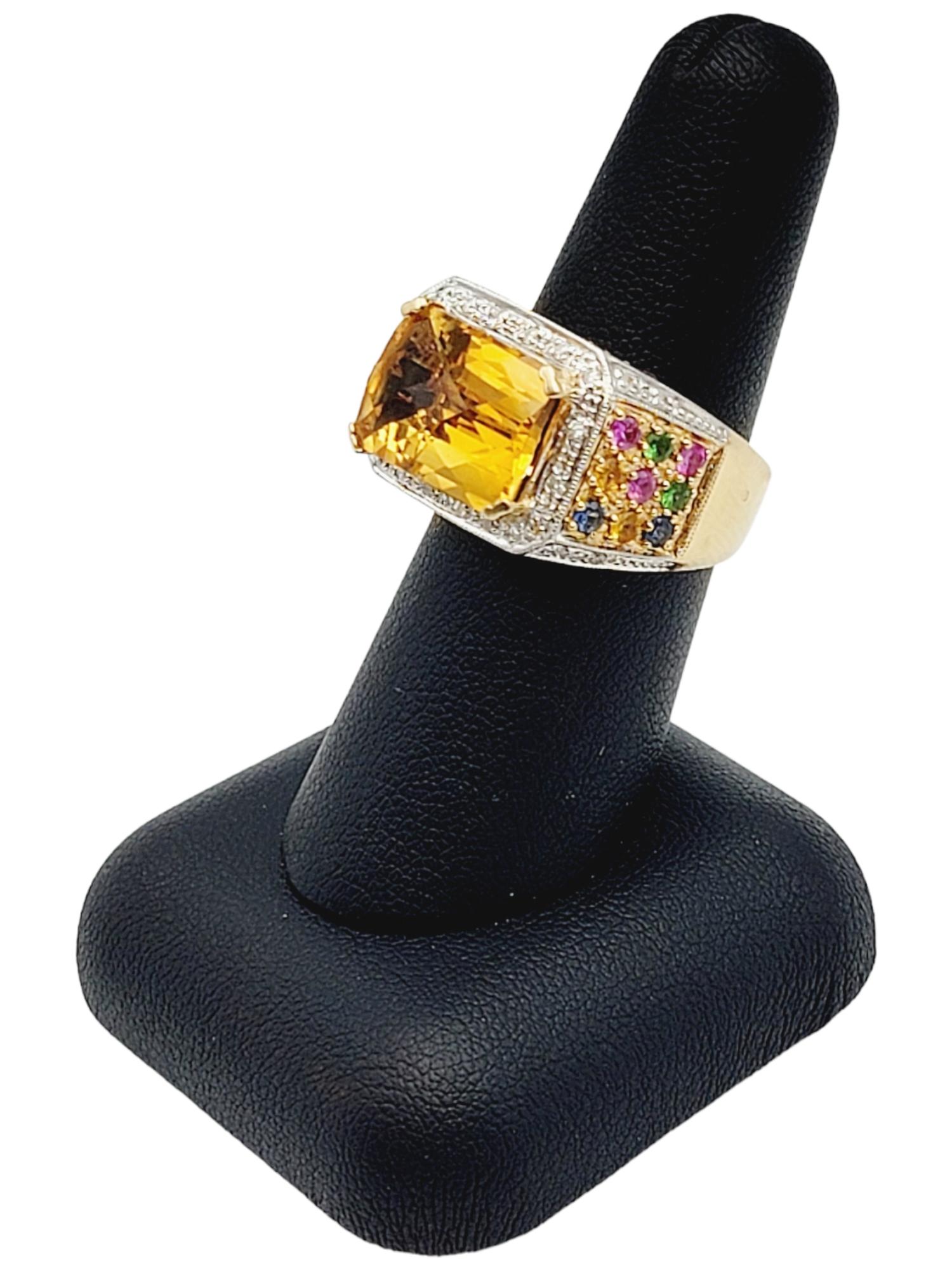 Rectangular Checkerboard Citrine and Multi Gemstone 14 Karat Gold Cocktail Ring For Sale 3