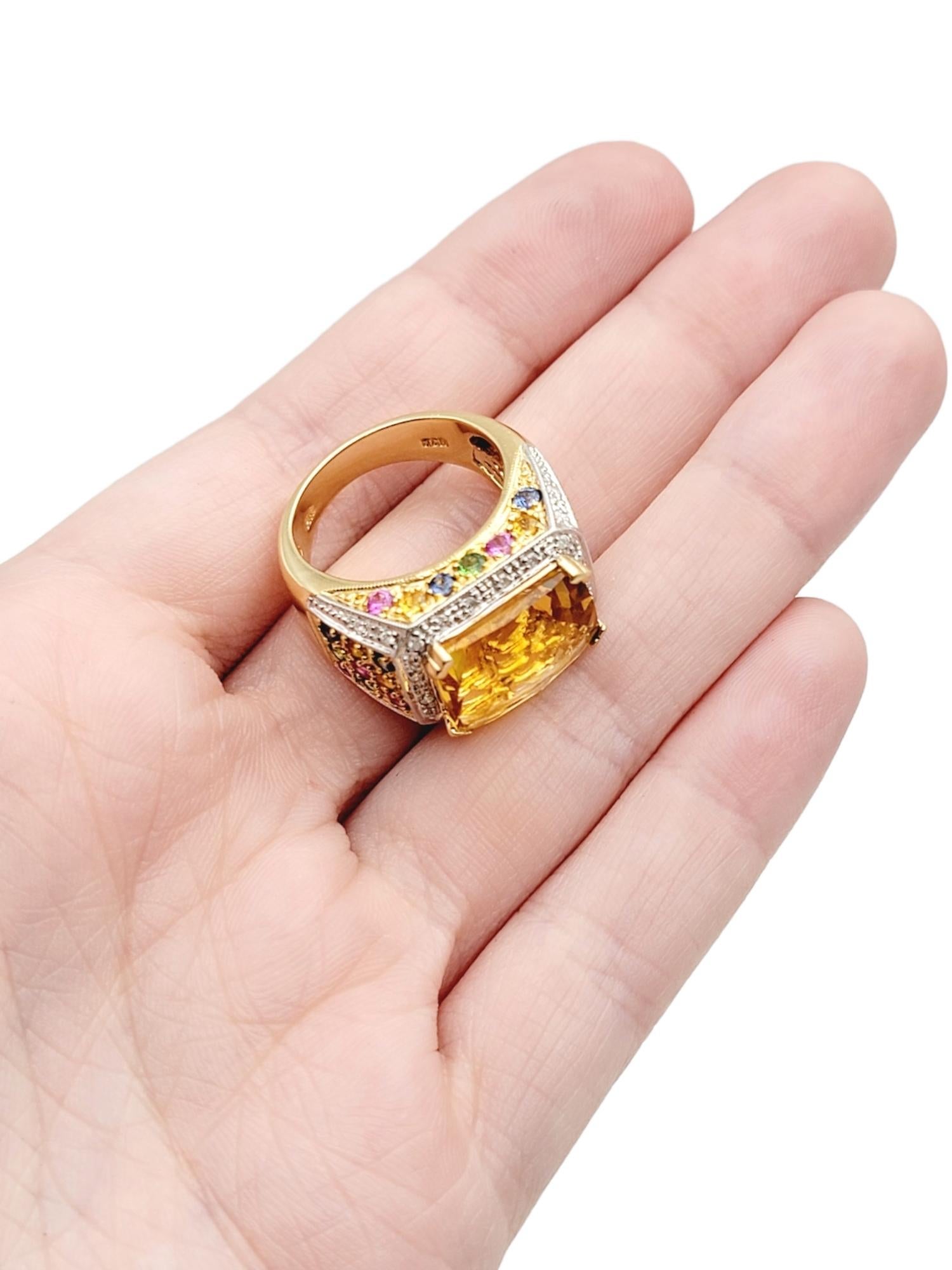 Rectangular Checkerboard Citrine and Multi Gemstone 14 Karat Gold Cocktail Ring For Sale 4