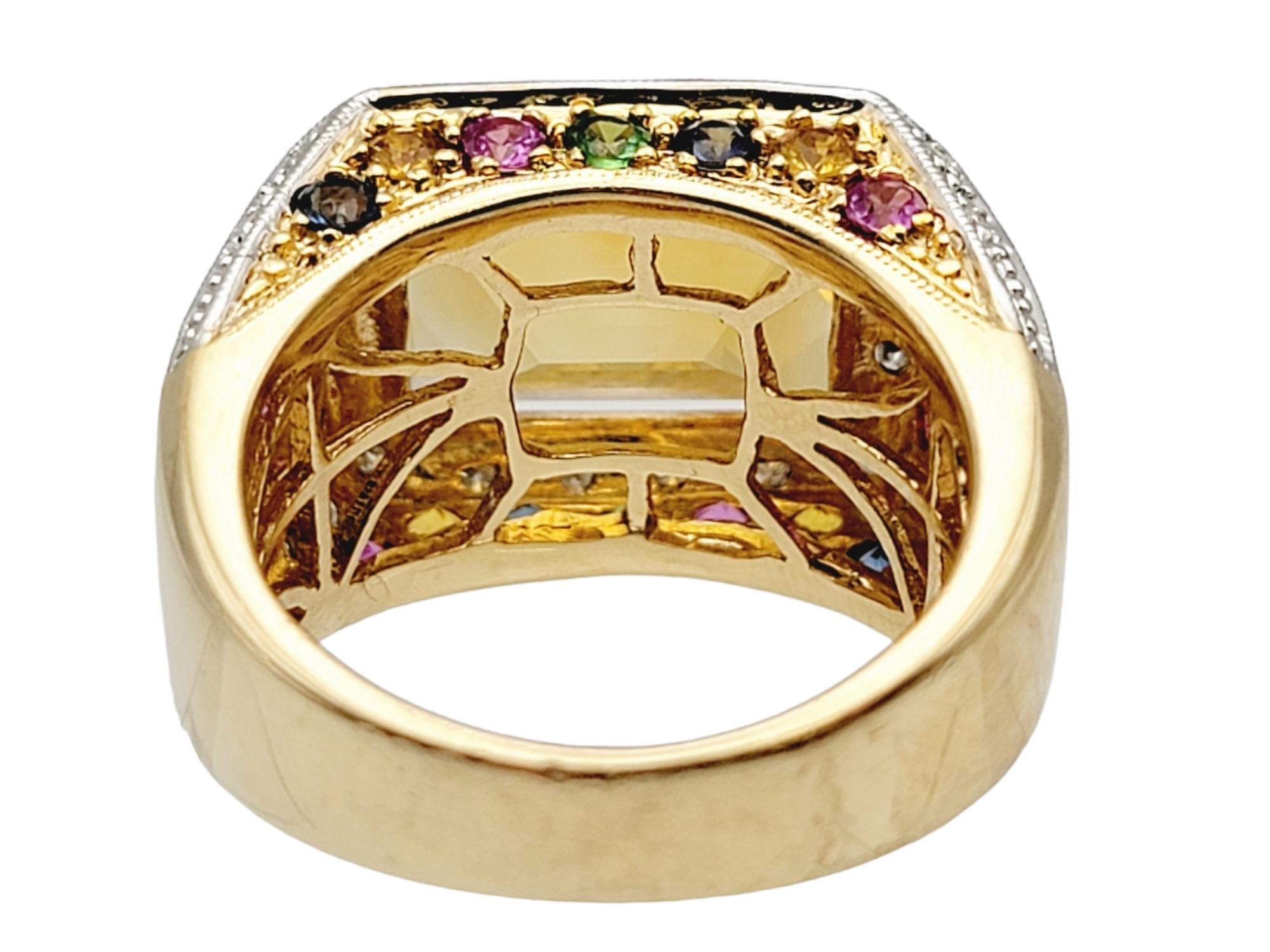 Contemporary Rectangular Checkerboard Citrine and Multi Gemstone 14 Karat Gold Cocktail Ring For Sale