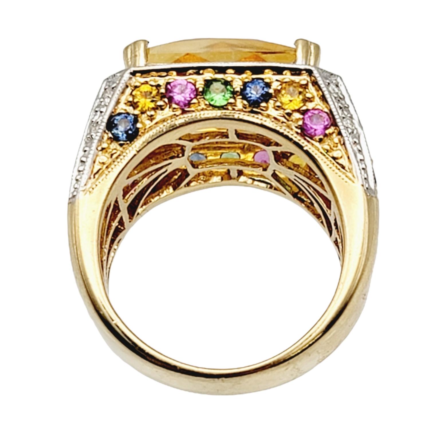 Emerald Cut Rectangular Checkerboard Citrine and Multi Gemstone 14 Karat Gold Cocktail Ring For Sale