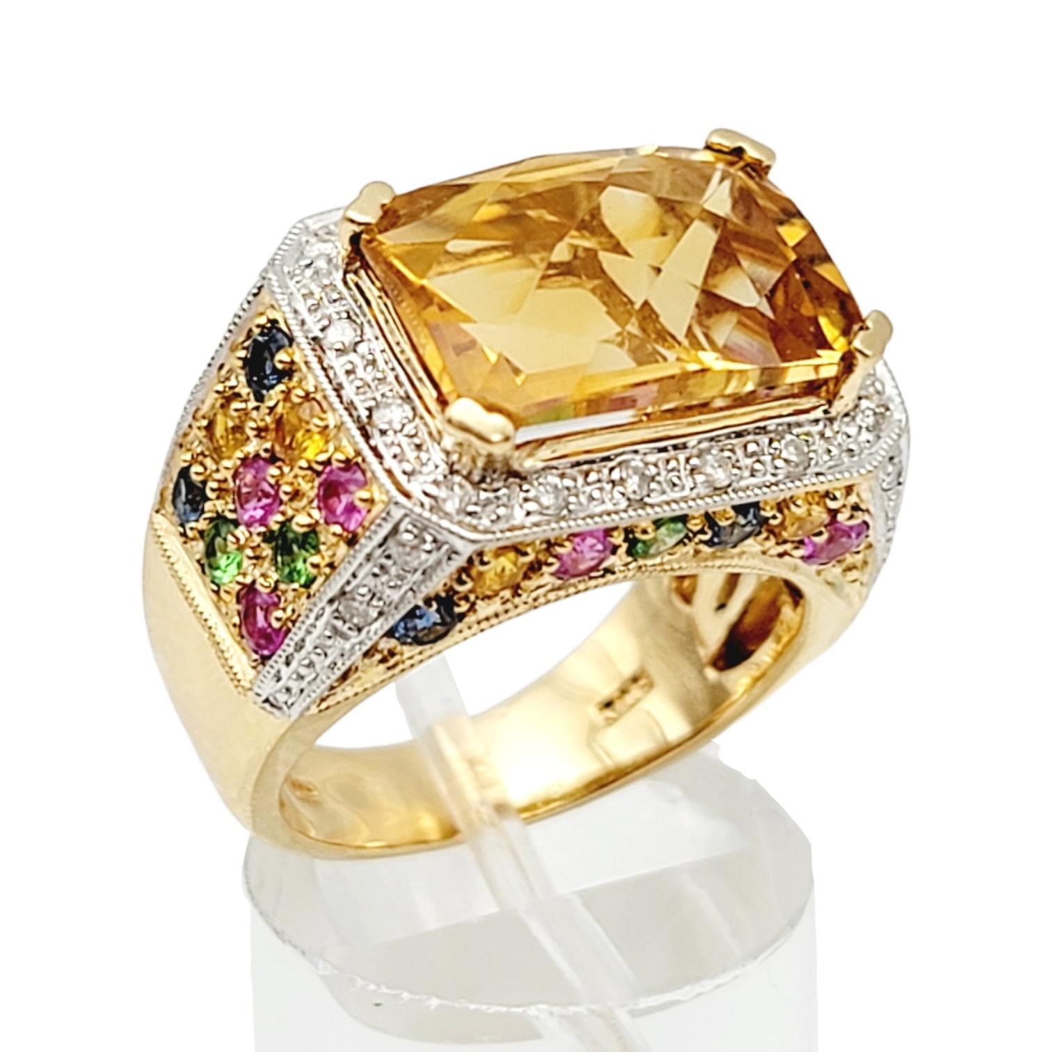 Rectangular Checkerboard Citrine and Multi Gemstone 14 Karat Gold Cocktail Ring In Good Condition In Scottsdale, AZ