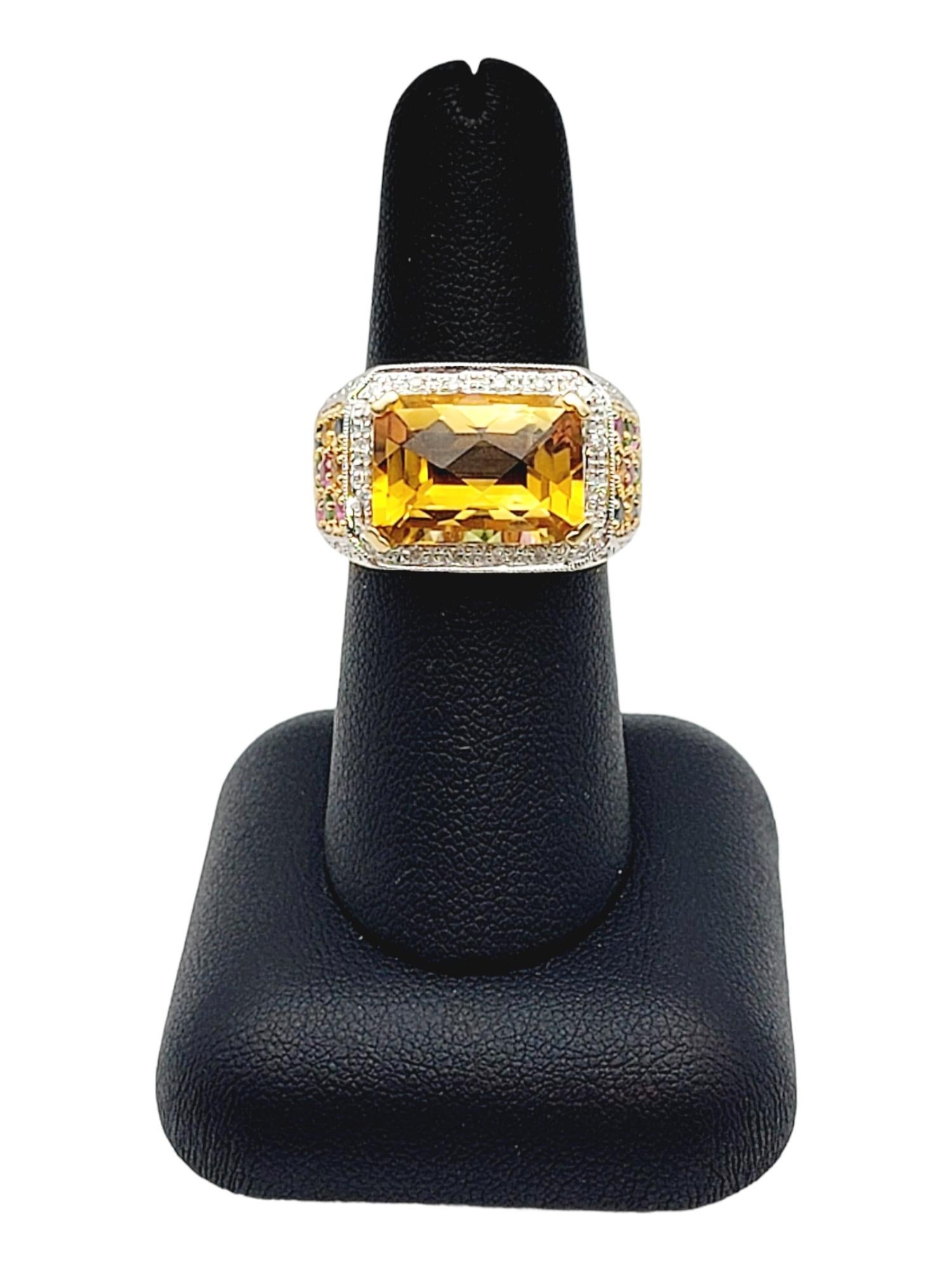 Rectangular Checkerboard Citrine and Multi Gemstone 14 Karat Gold Cocktail Ring 1
