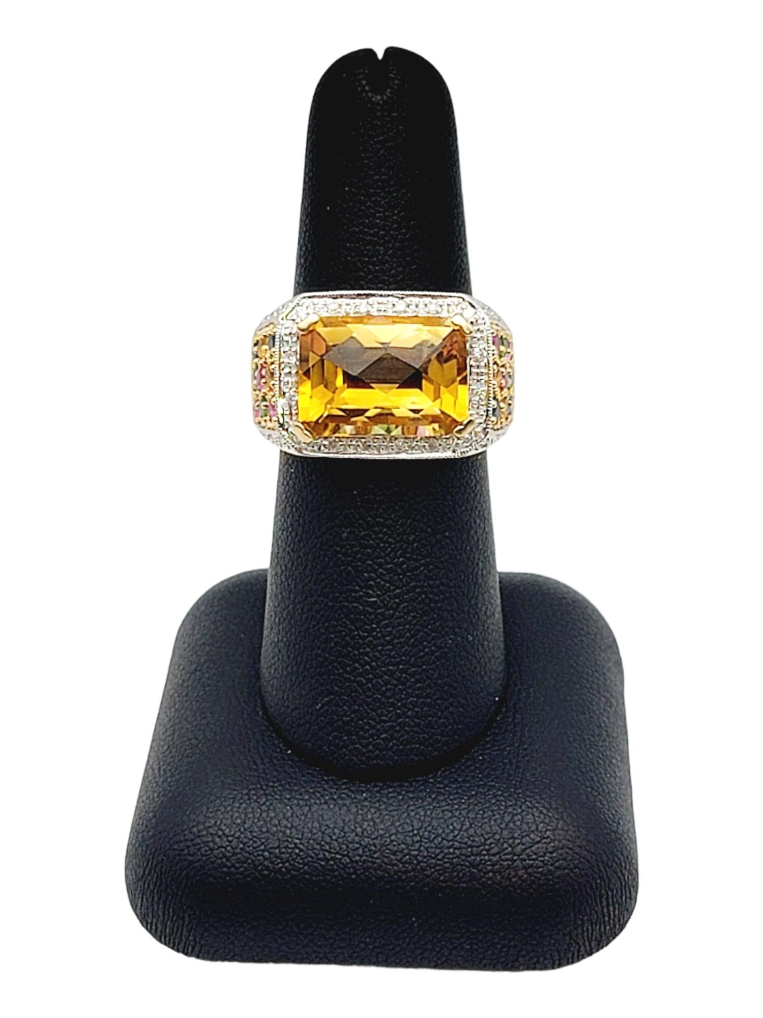 Rectangular Checkerboard Citrine and Multi Gemstone 14 Karat Gold Cocktail Ring For Sale 1