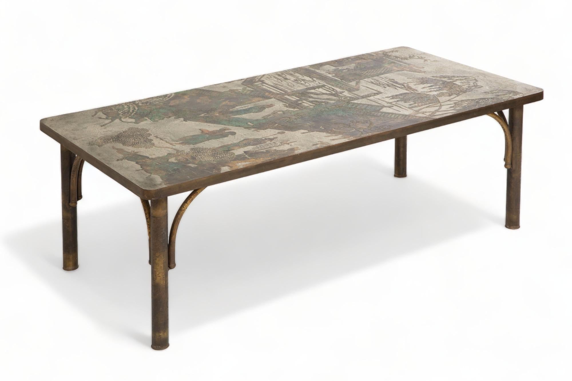  Rectangular Chinoiserie Chan coffee table by Philip and Kelvin LaVerne
Etched, patinated and polychromed bronze and pewter,
Retains a rich variety of multicolored patinas
Arched bamboo legs
Signed to the table top
Good collector's