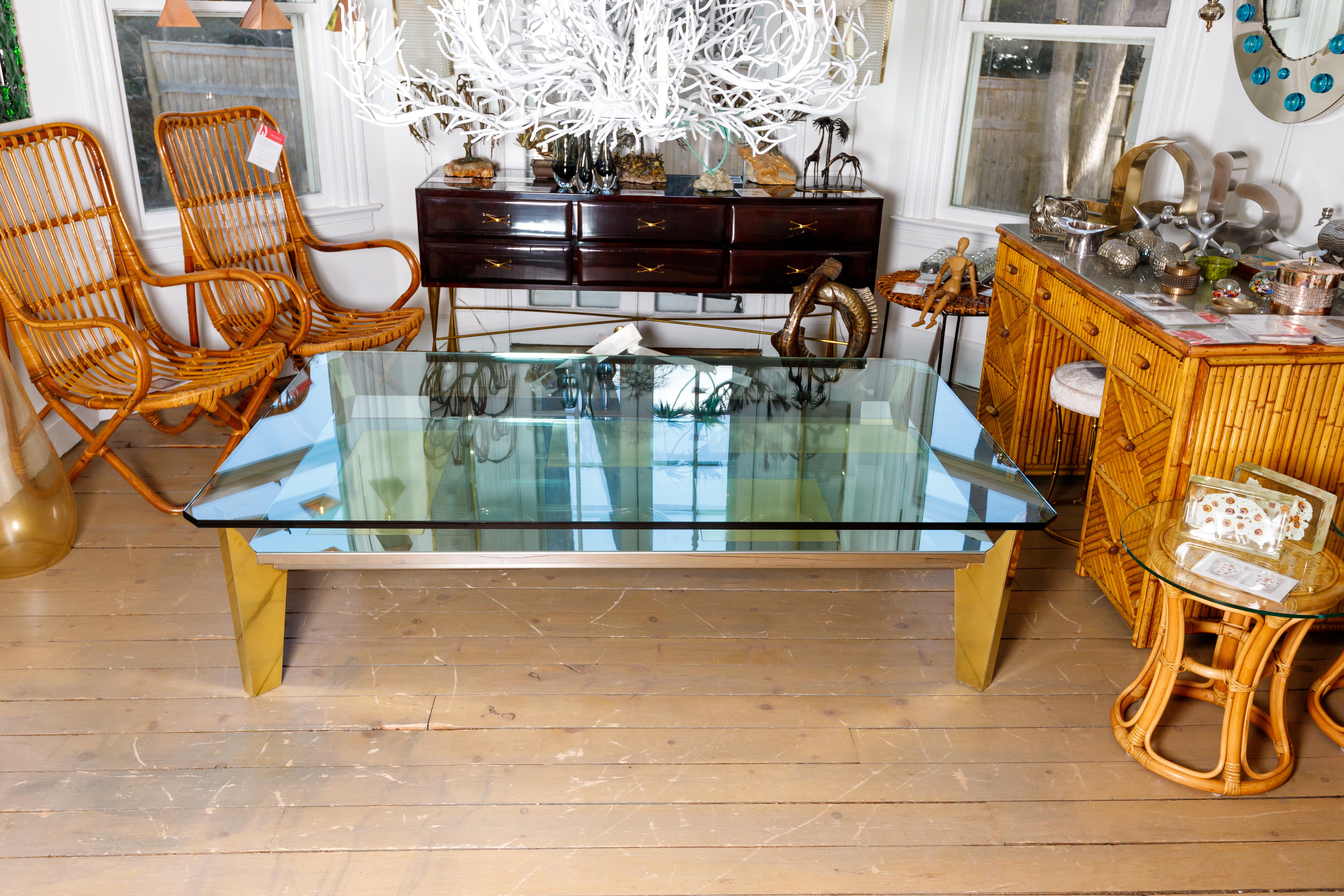 Mid-Century Modern Rectangular Chrome Glass Top Coffee Table with Brass Inlays For Sale