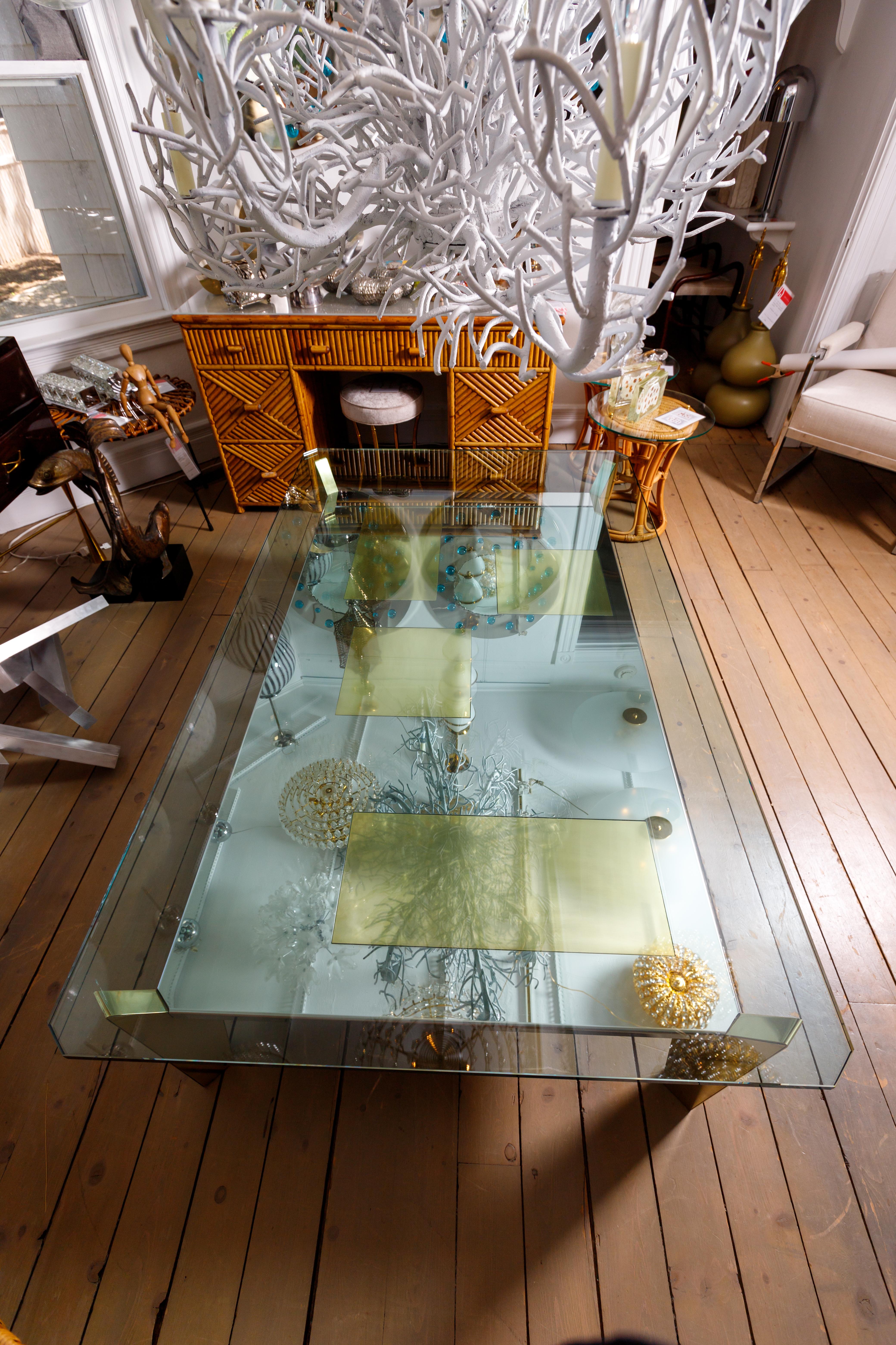 Rectangular Chrome Glass Top Coffee Table with Brass Inlays In Good Condition For Sale In Bridgehampton, NY